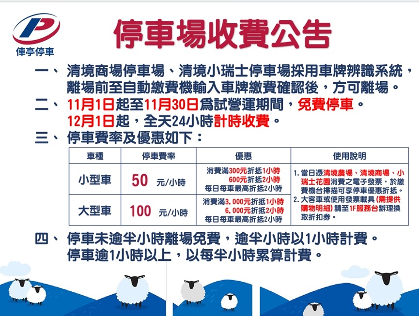 清境農場遊客中心前的大型遊客停車場自12月1日開始要收費。（翻攝統一清境商場 Mist Plaza臉書）