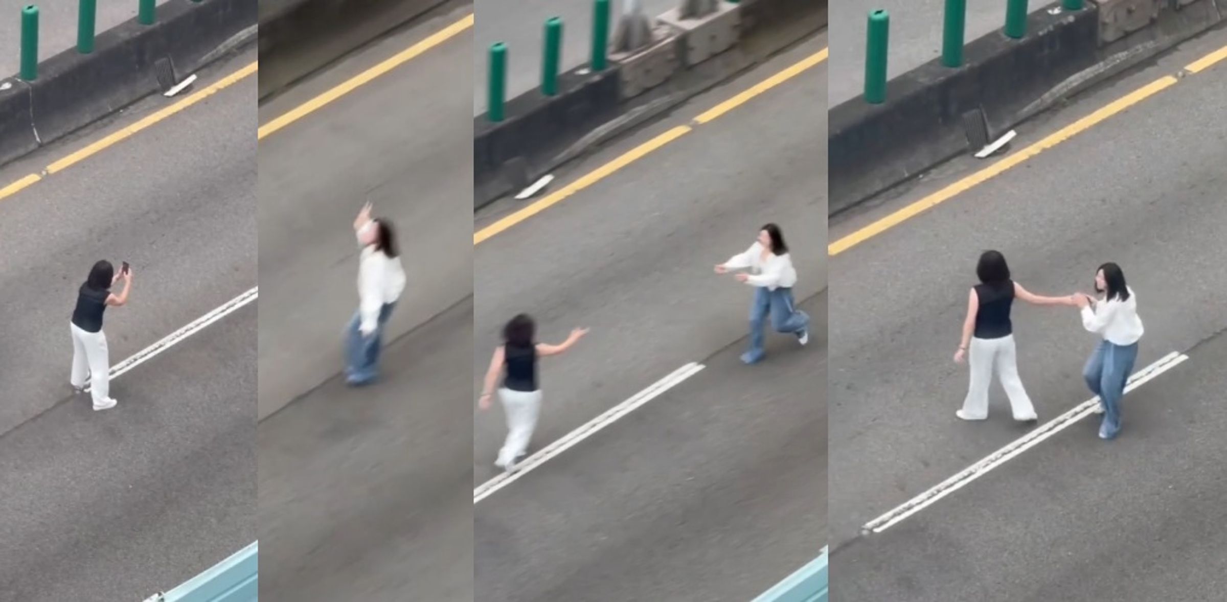 防空警報響起中,兩女仍悠哉拍照留念,引發爭議。(翻攝自Therads @chentx_1009)