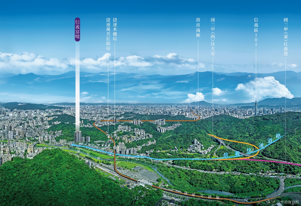 「信義富境」雄踞信義、大安雙核心，難得一見，北市天選之地。(空拍暨3D合成標示圖)