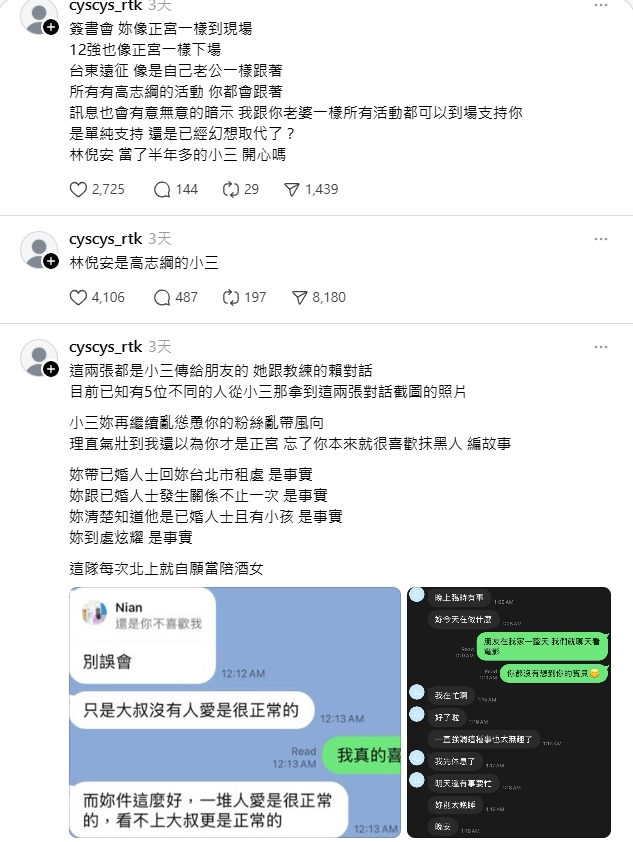 該Threads帳號控林倪安當小三並指證歷歷，甚至貼出對話內容。（翻攝自Threads）