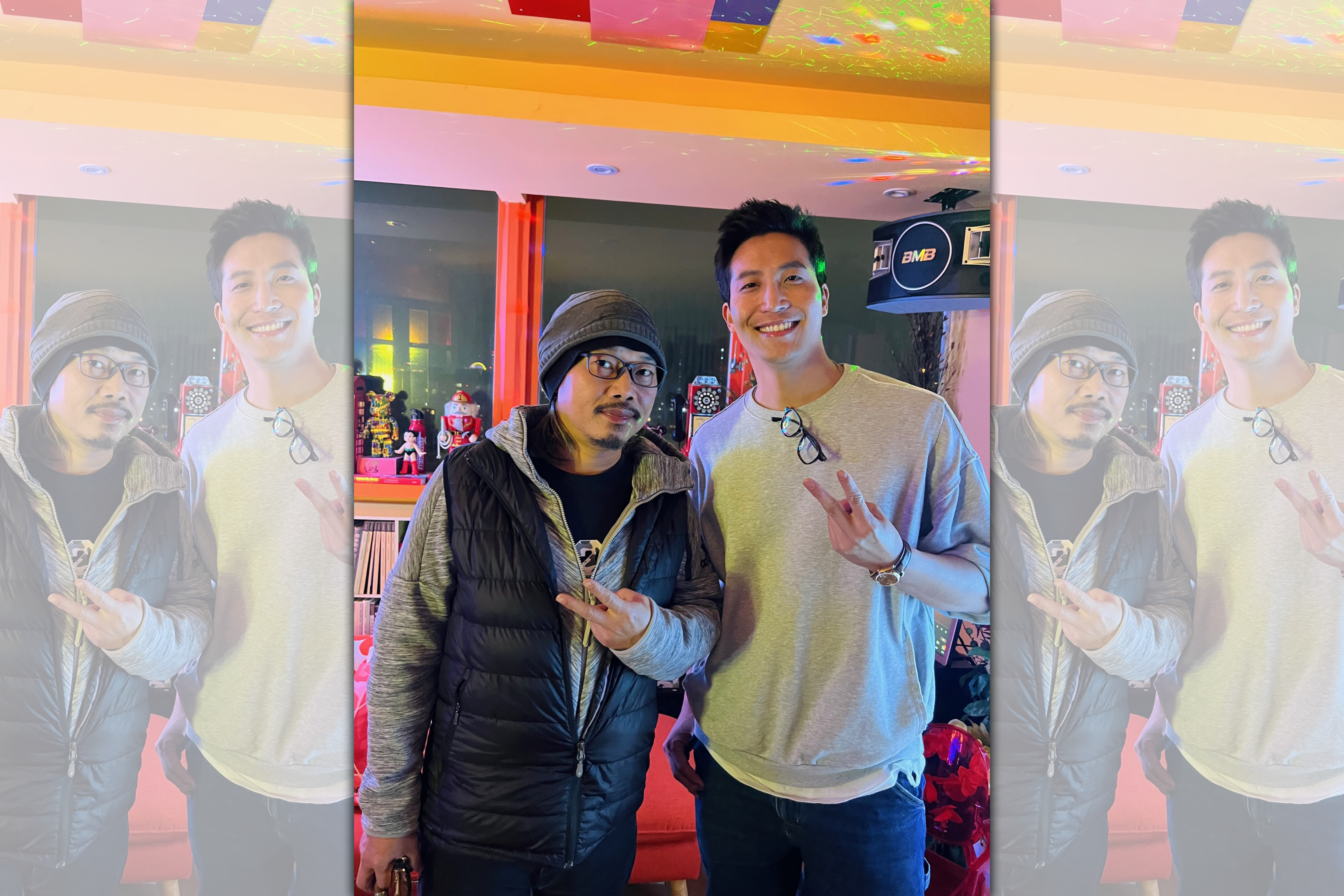 吳翔震（右）參加方文山（左）生日派對，見到偶像，十分興奮。（經紀公司提供）