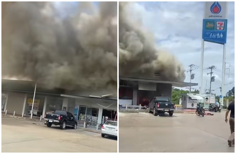 柬埔寨的砲彈落在泰國加油站，引起爆炸和濃煙，多名人員受傷。（翻攝自กองทัพภาคที่ 2粉絲專頁）