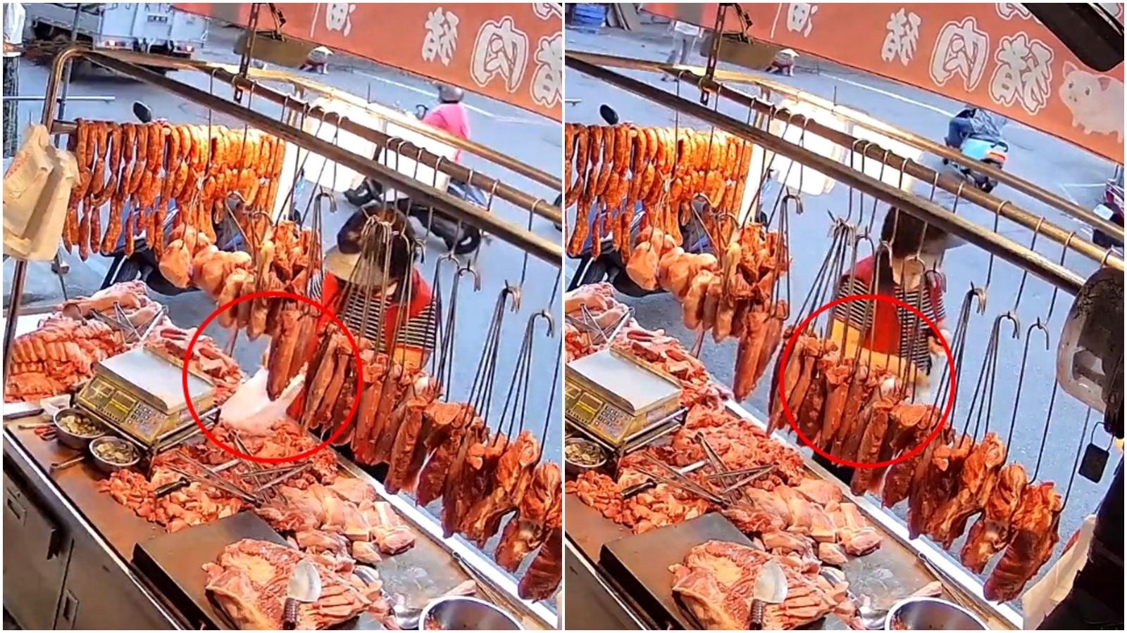 1名婦女前往豬肉攤販買80元的排骨，卻順手偷走1小塊排骨。（翻攝自爆料公社）
