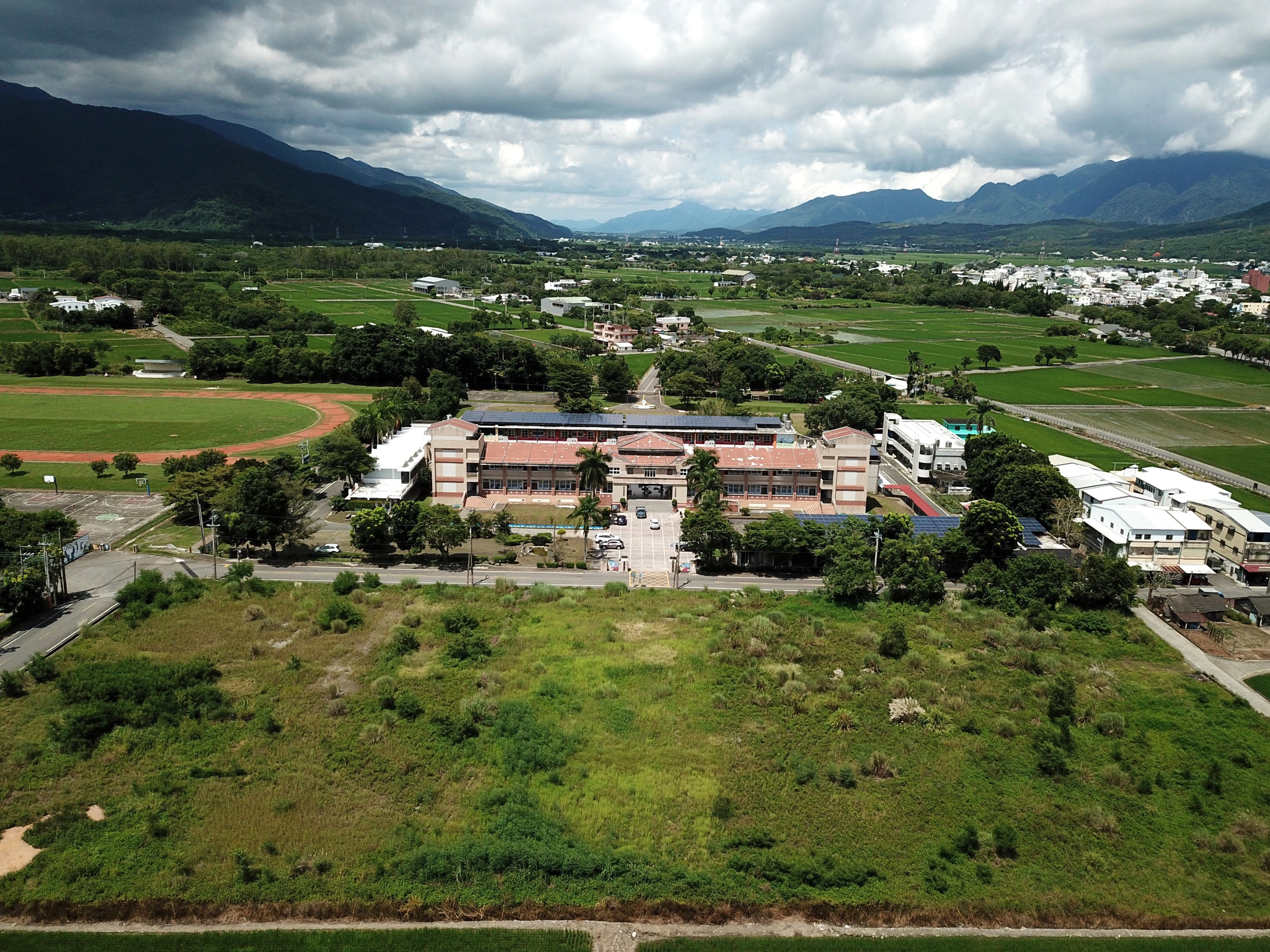 「池上蒸餾所」選址在池上國中對面，四周被青山綠意環繞，圖為2023年8月尚未整地前的原始地貌。（池上蒸餾所提供）