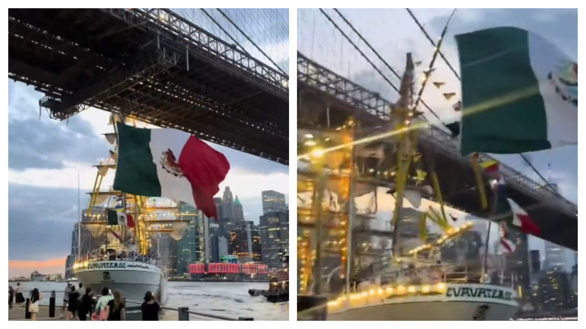 墨西哥海軍軍艦意外撞上布魯克林大橋。（翻攝自X@ingelramdecoucy）