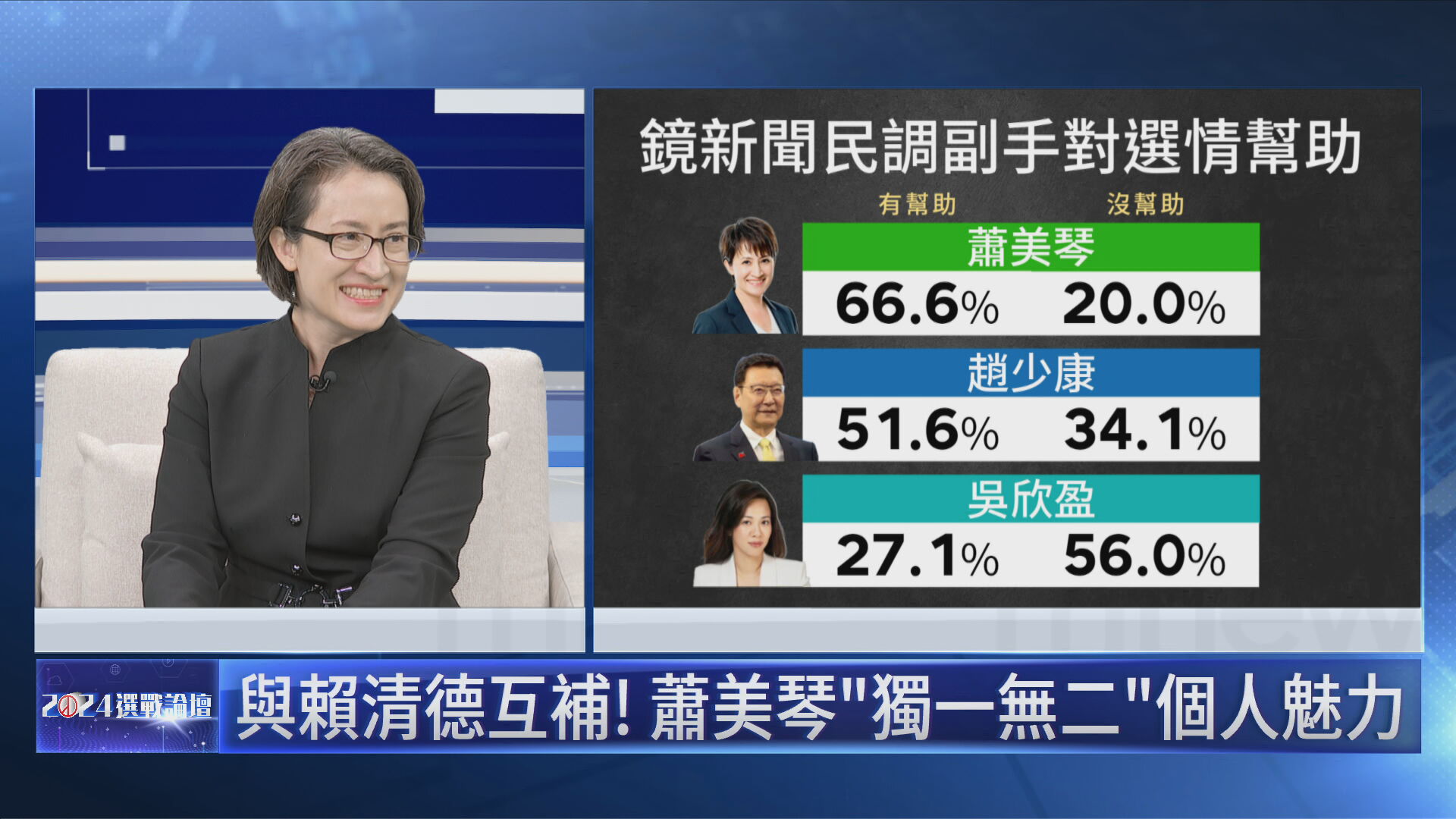 各界肯定蕭美琴對主帥加分多，而且能穩住年輕及婦女選票。（鏡新聞提供）