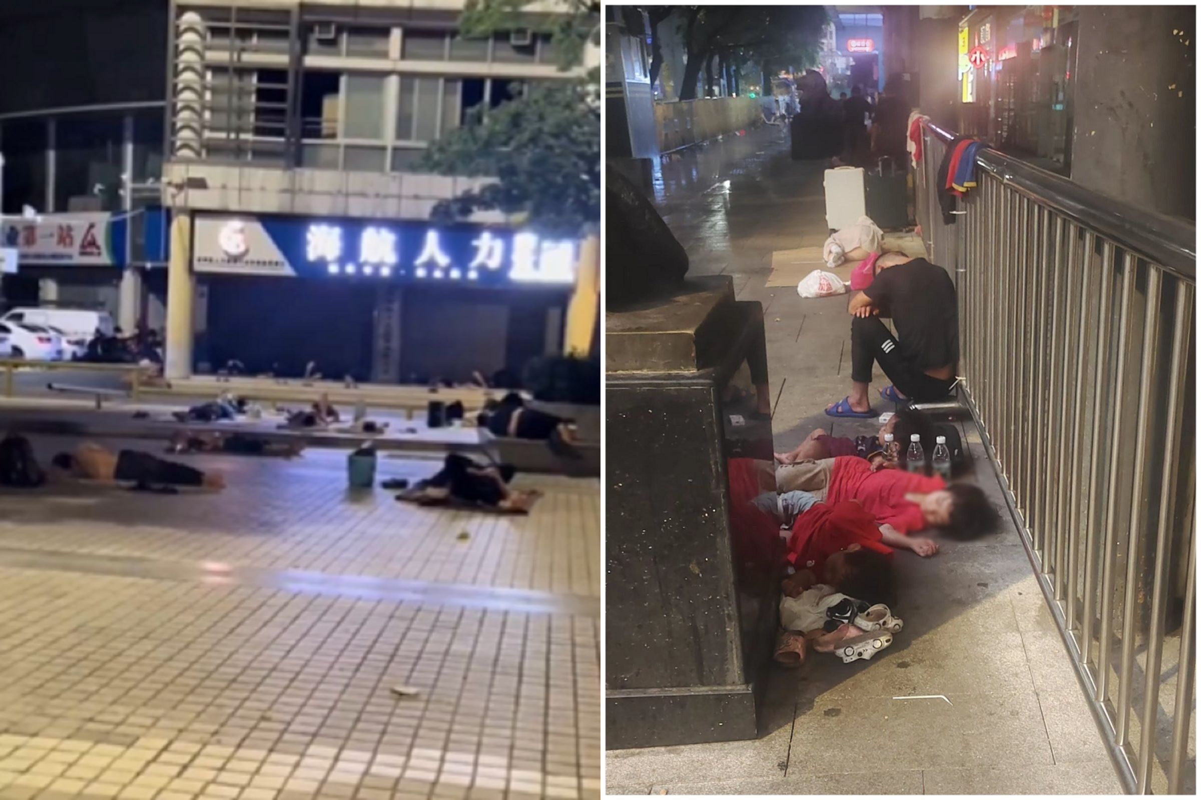 中國經濟慘況實錄!深圳車站前睡滿露宿「人礦」,震撼畫面曝光。(翻自X平台)