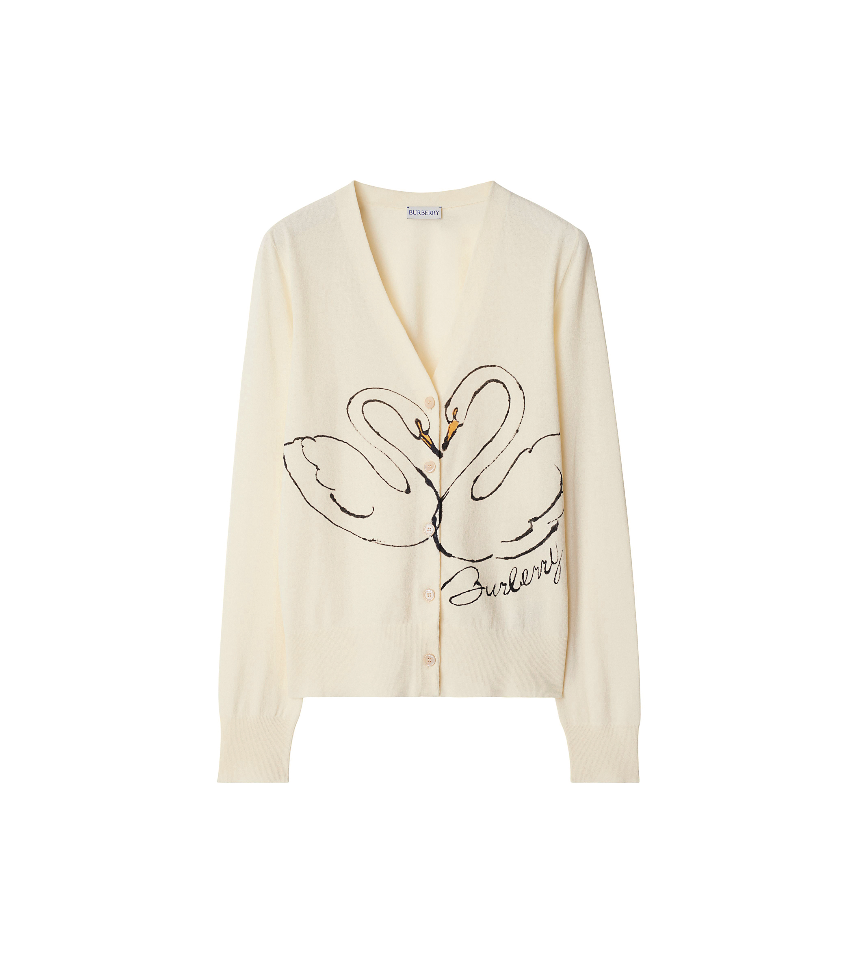 皂白色天鵝印花棉質縐綢開襟針織衫 NT$44,900(BURBERRY提供)