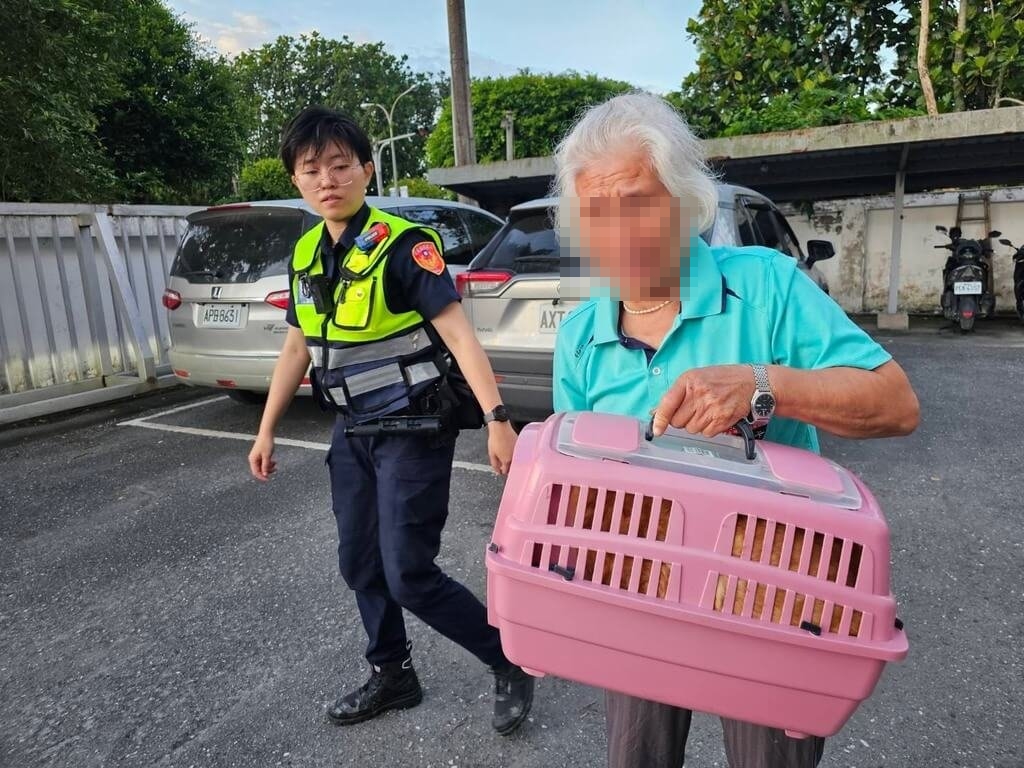 鳳林派出所的實務訓練生曾心琳拿出「罐罐」等食物溫柔引誘，終於順利將這隻落難的小貓平安帶回派出所安置。（鳳林警分局提供）