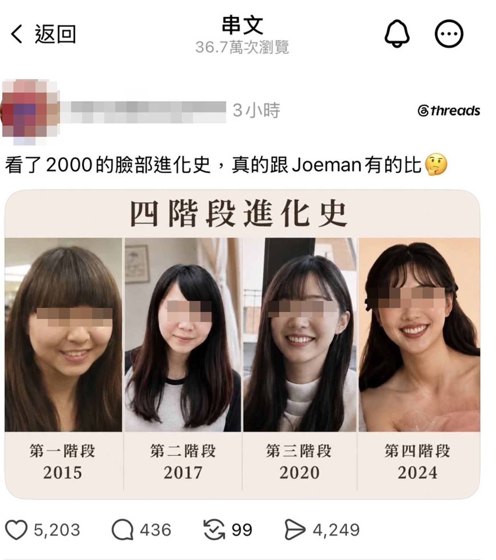 有網友幫許芊芊製圖分析四階段進化史。（翻攝自Threads）