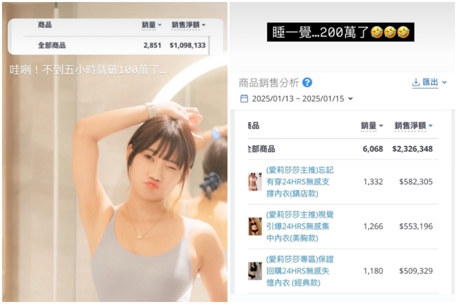 愛莉莎莎團購內衣業績達200萬元，卻因工作太忙發限動哀號。（翻攝自愛莉莎莎IG）