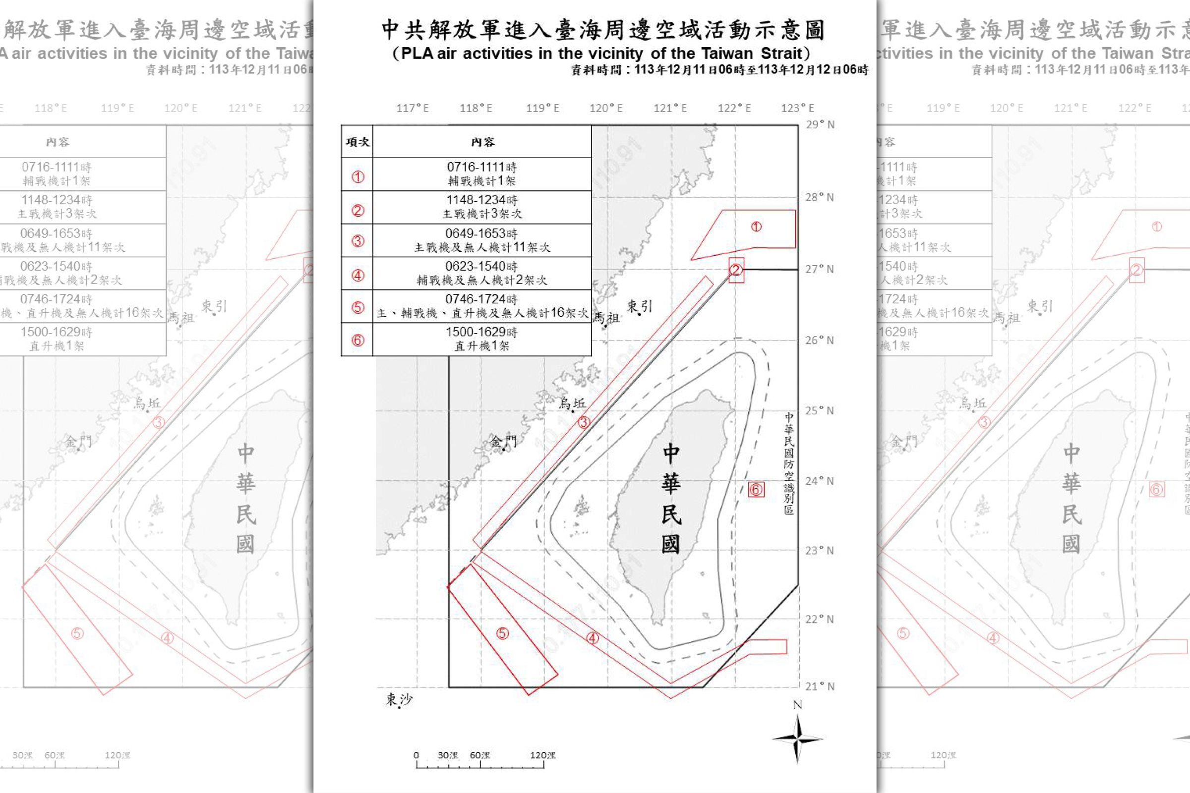 國防部今日表示,偵獲34架次共機與16艘共艦持續在台海周邊活動。(國防部提供)