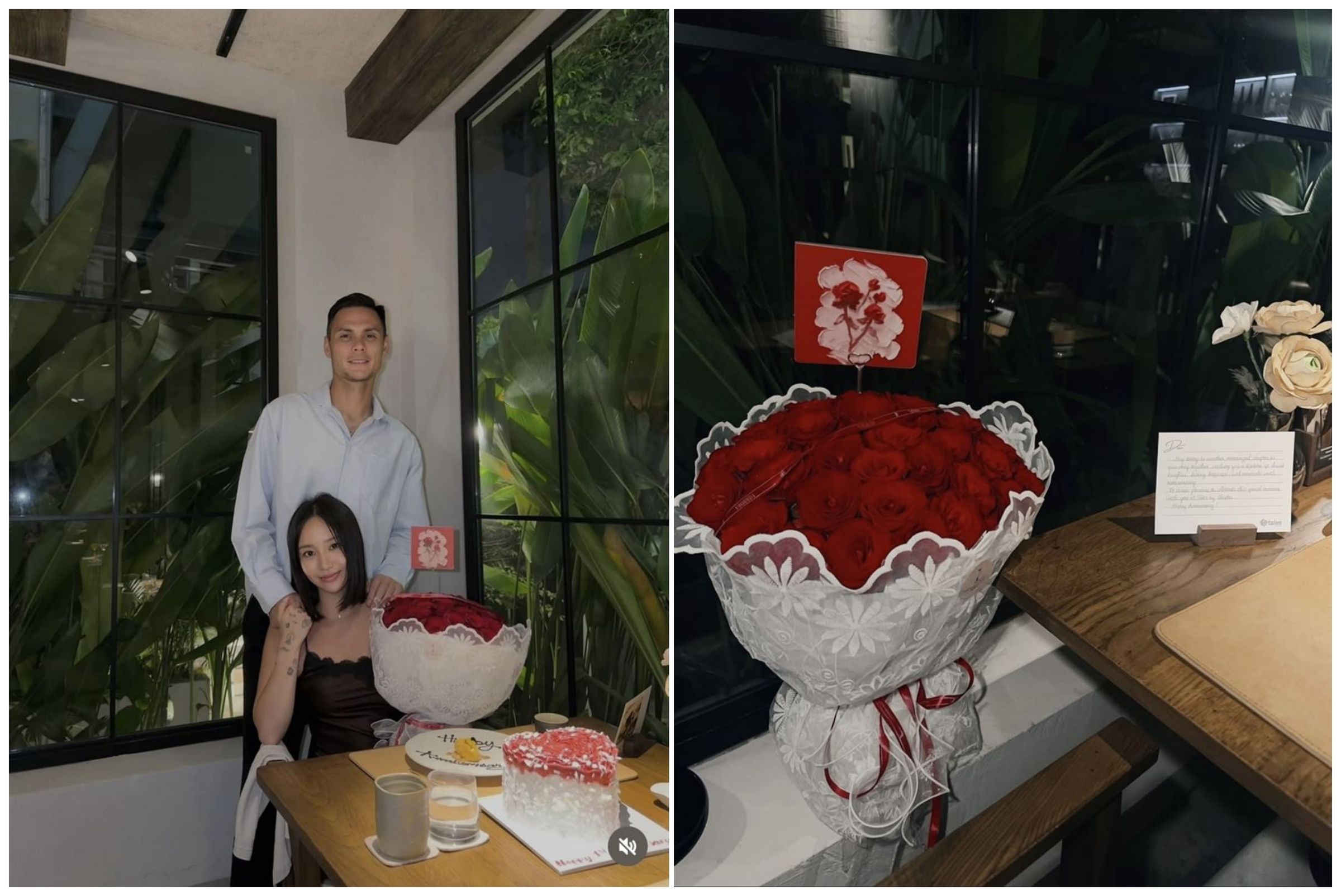 陳芳語與德越混血足球員阿德里亞諾甜蜜合照，紅玫瑰、愛心蛋糕滿載濃濃愛意。（IG）