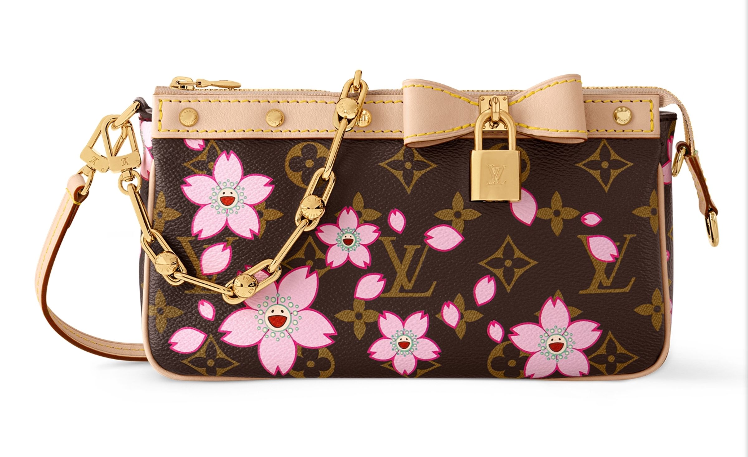 Monogram棕色帆布Pochette上有著盛開櫻花。(路易威登提供)