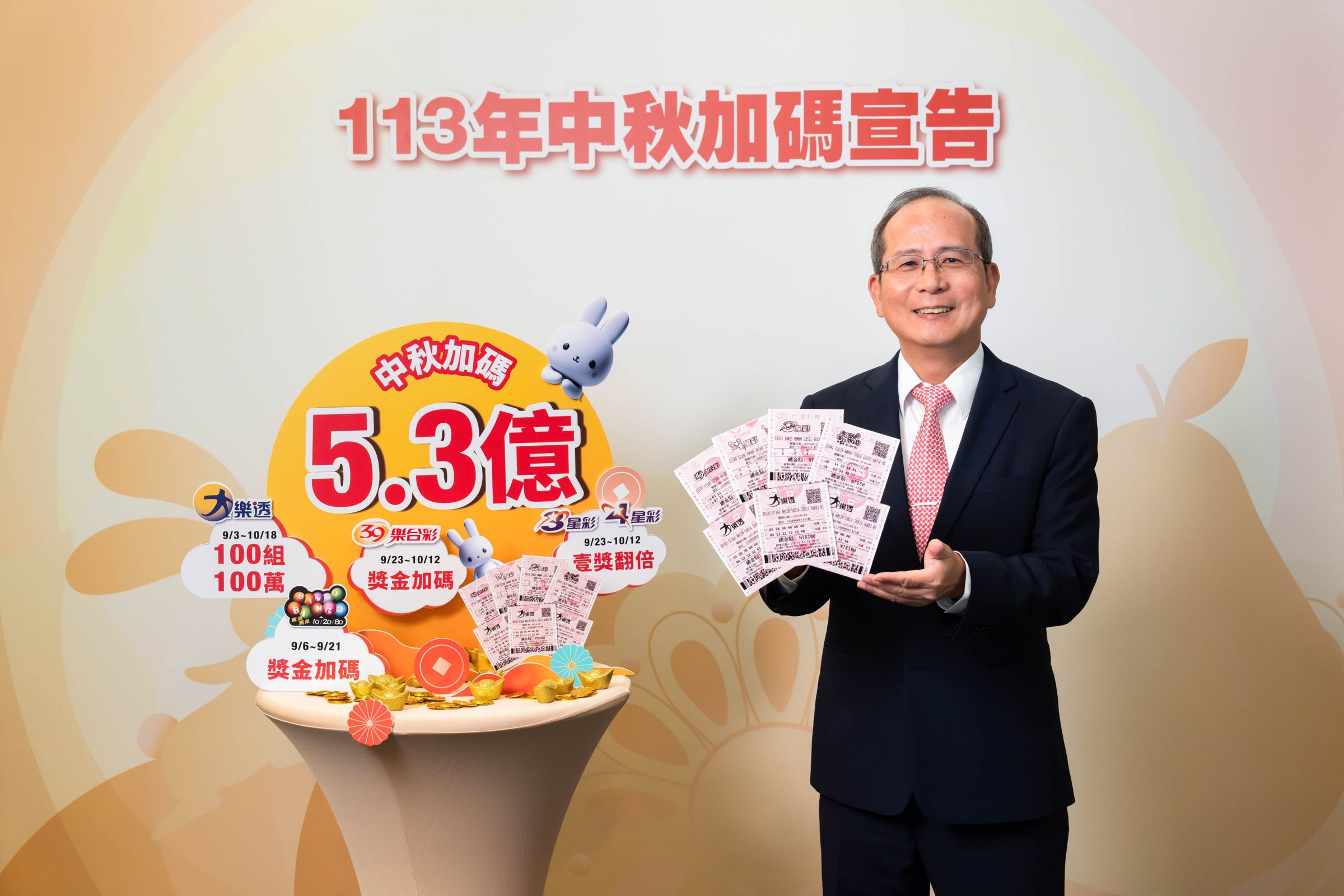 台灣彩券公司今(27日)指出,中秋將推出5款遊戲加碼,總獎金達5.3億元。(台彩提供)