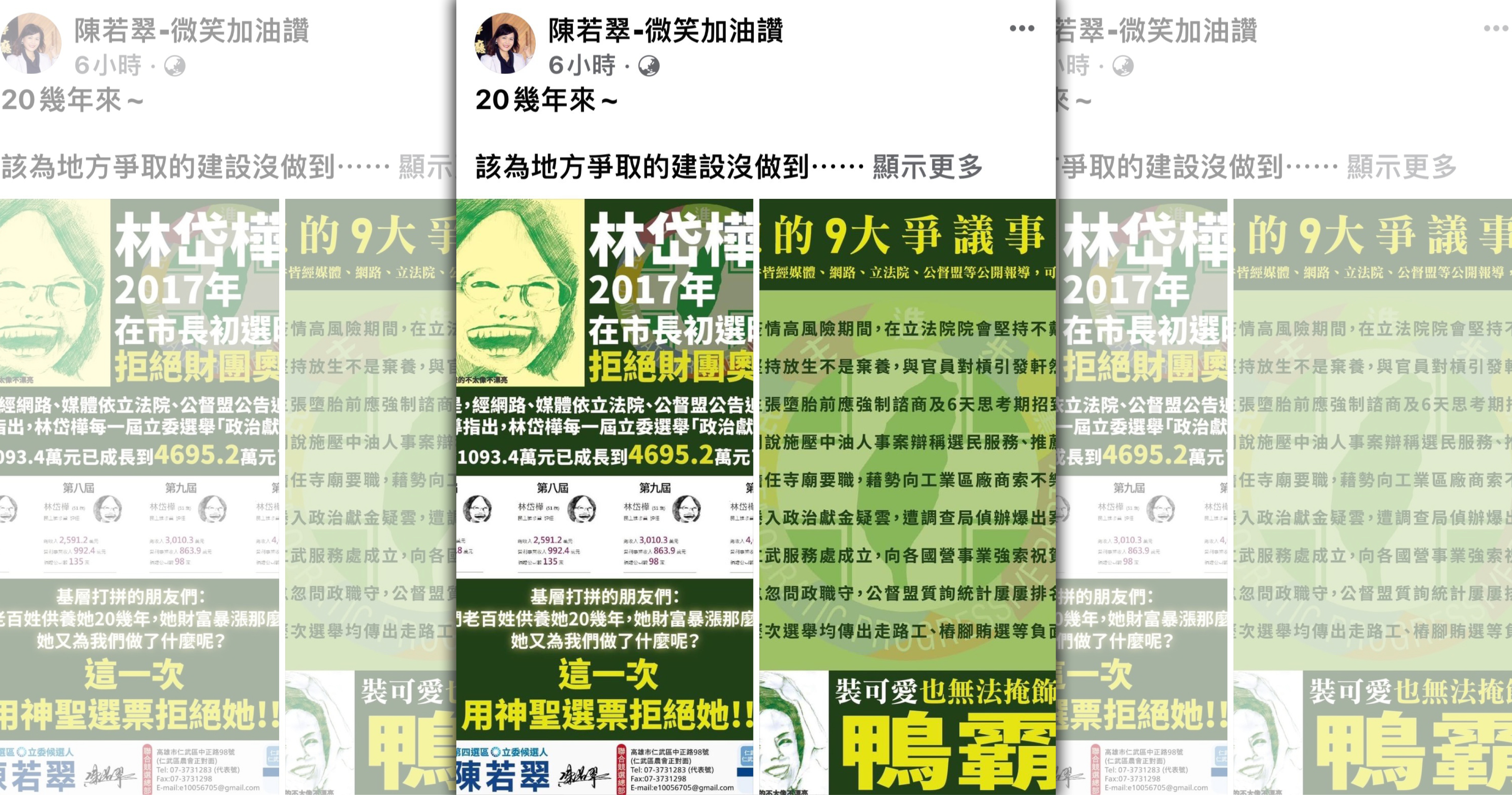 國民黨立委參選人陳若翠散布文宣攻擊立委林岱樺，林已委請律師蒐證採取法律行動。（翻攝畫面）