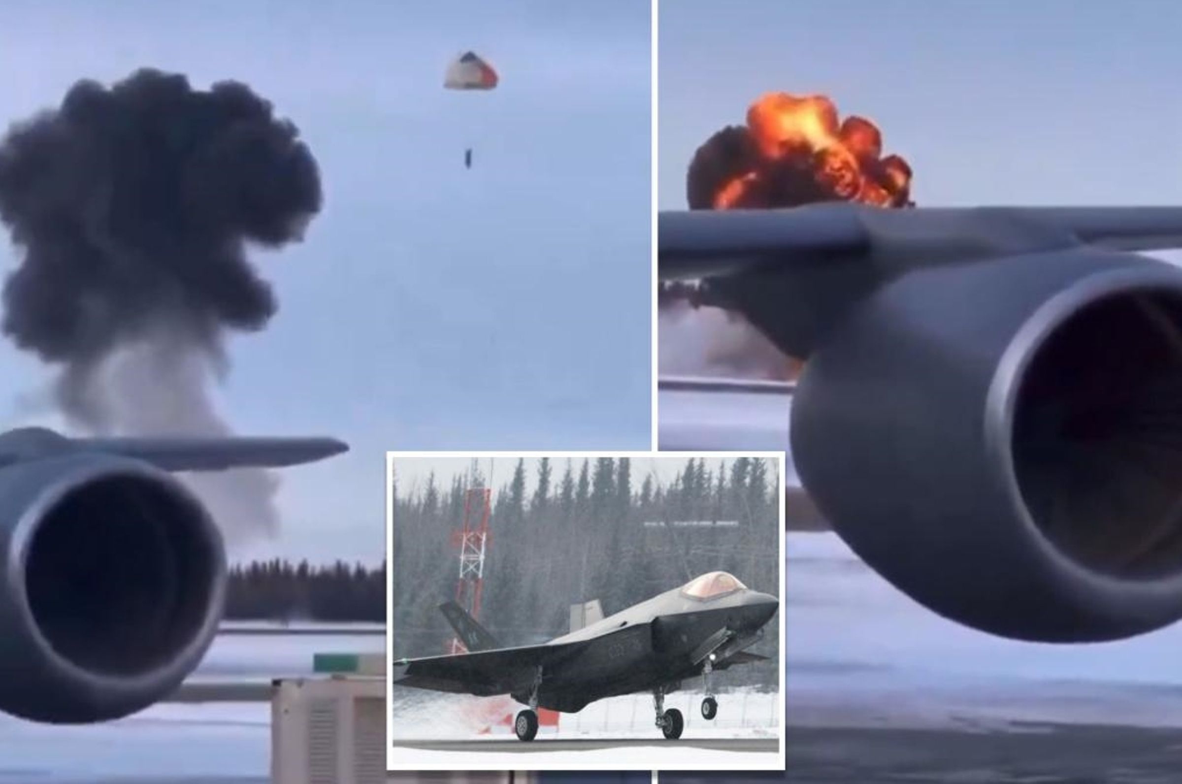 F-35戰機在阿拉斯加跑道墜毀後爆炸起火,火光衝天畫面曝光;飛行員在事故中成功彈射逃生,降落傘打開瞬間驚險畫面也被拍下。(翻攝自X@nypost)