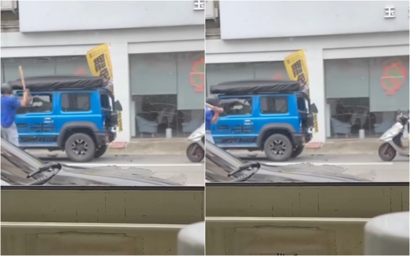 罷免邱鎮軍的志工宣傳車遭一名騎機車的男子持木棍狂砸，警方循線逮捕涉案男子。（翻攝自臉書）