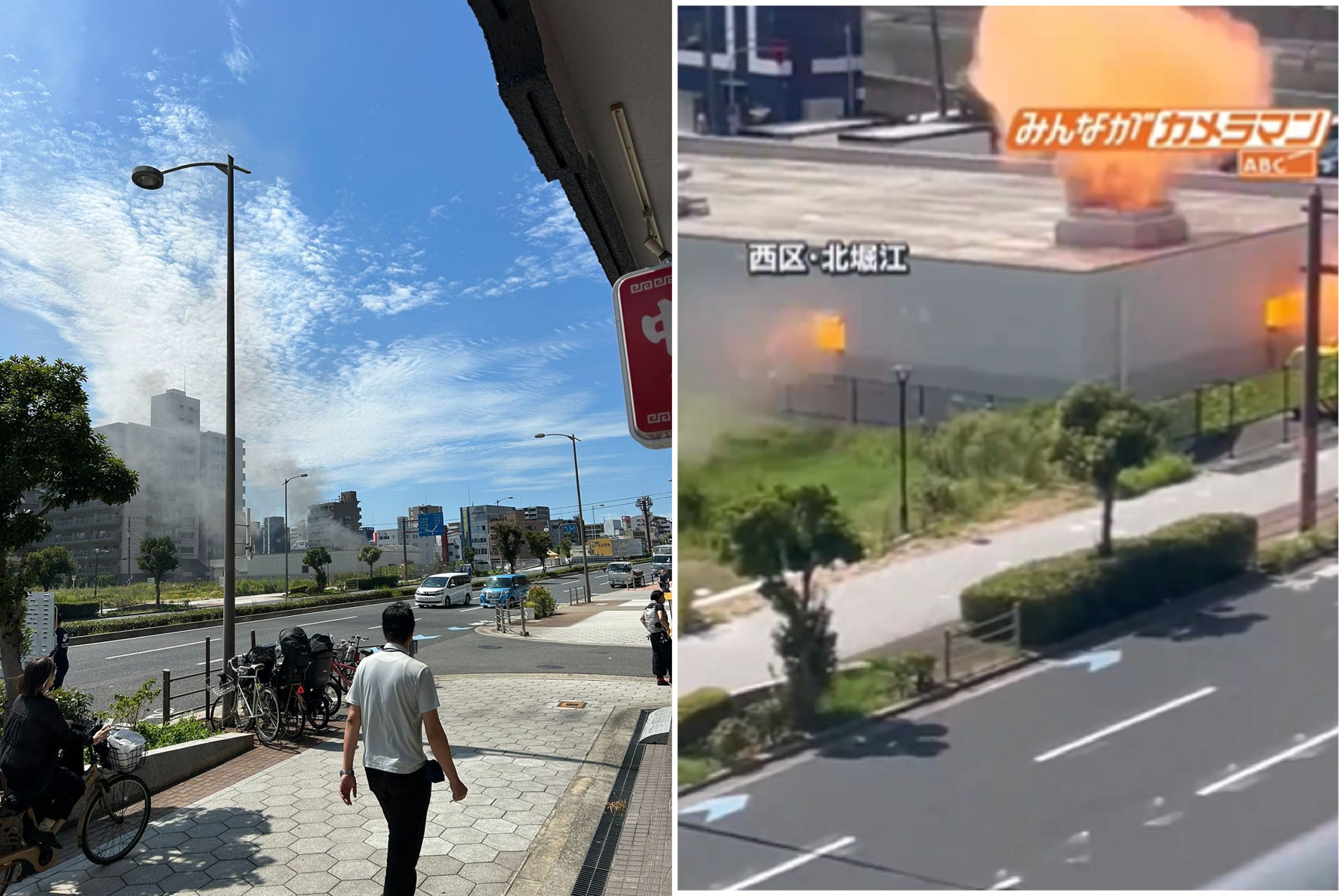 大阪抽水站爆炸,恐怖影片曝光!發出巨響震碎玻璃與車輛。(翻自X平台)