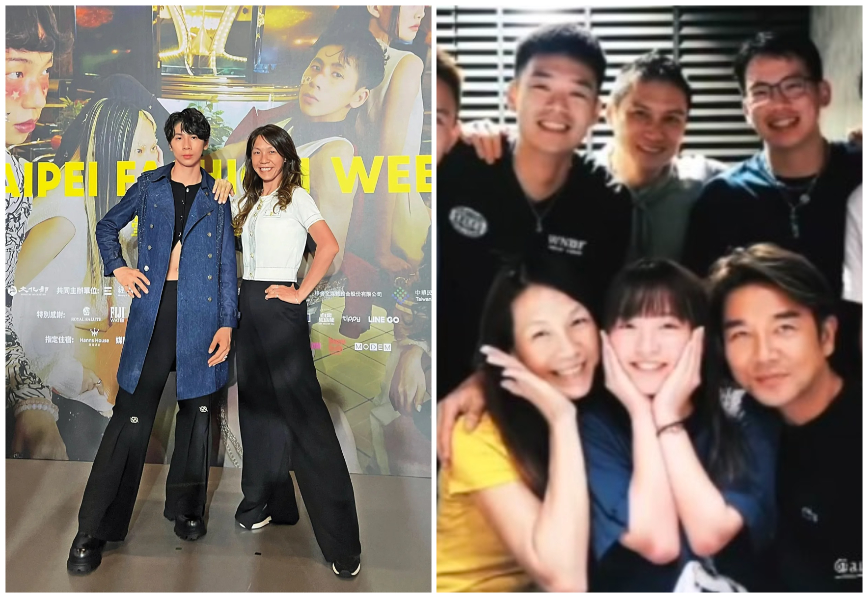 吳宜倫（左圖右、右圖前排左）是林郁婷（左圖左）的經紀人，爆出爭議風波後與王齊麟（右圖後排左）、陳詩媛（右圖前排中）、謝承均（右圖前排右）等人聚會。（本刊資料照、翻攝謝承均IG）