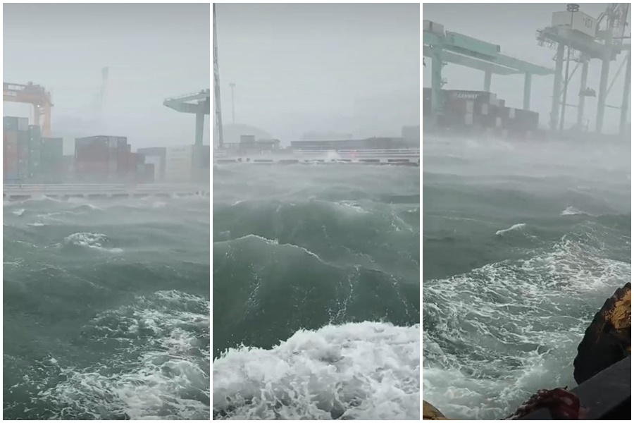 網友分享高雄港風雨交加的驚險畫面。（翻攝自臉書社團「高雄揪出遊」）