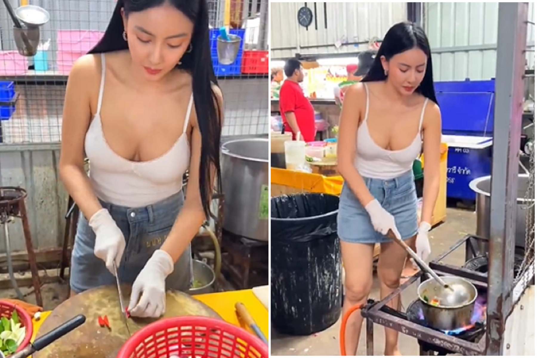 來吃泰國料理囉！妹子手炒美食秀色可餐，醉翁之意更在「泰式奶茶」。（翻自微博）