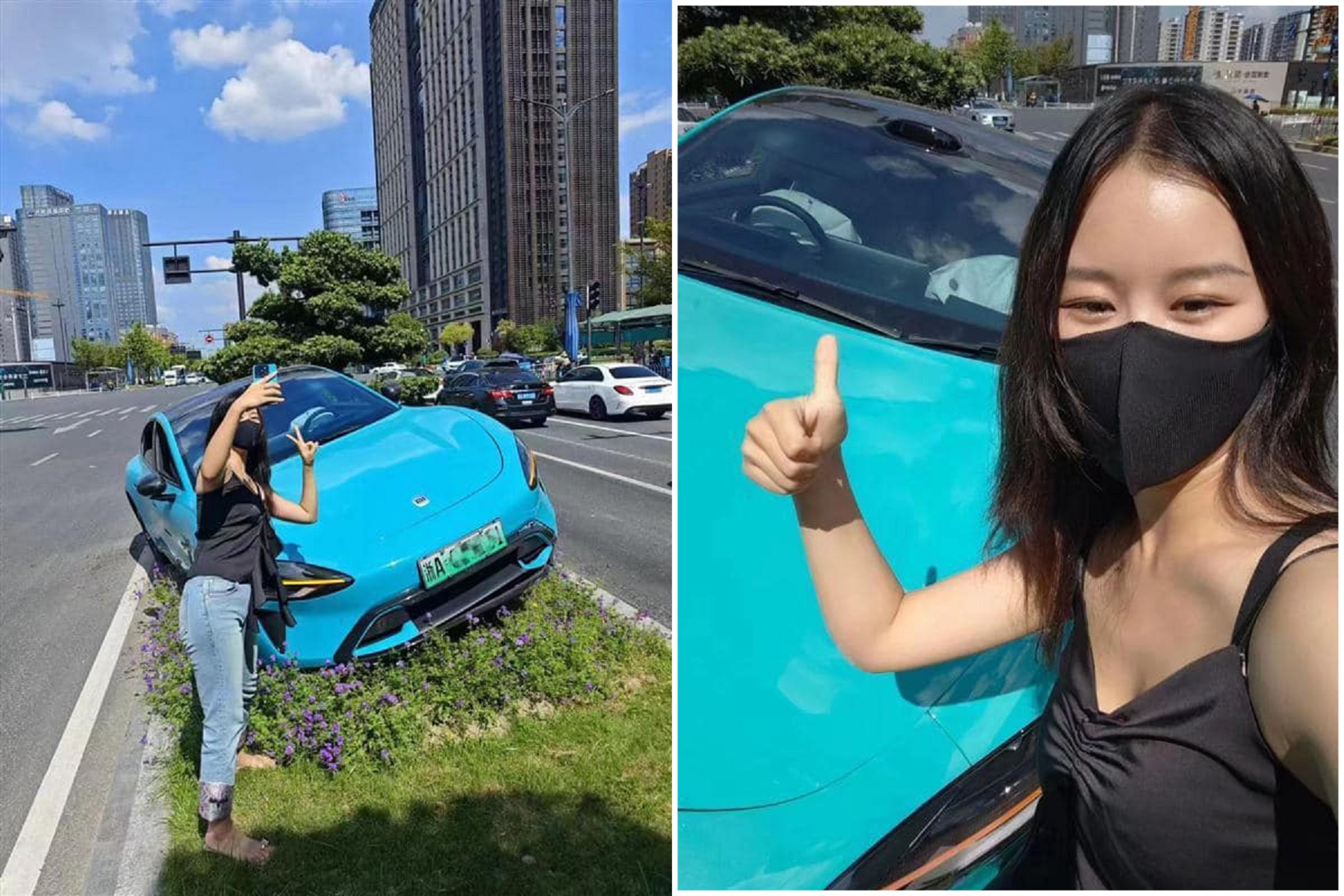 正妹遇車禍先打卡自拍！駕駛小米電動車，暴衝開上路中央花壇。（翻自X平台）