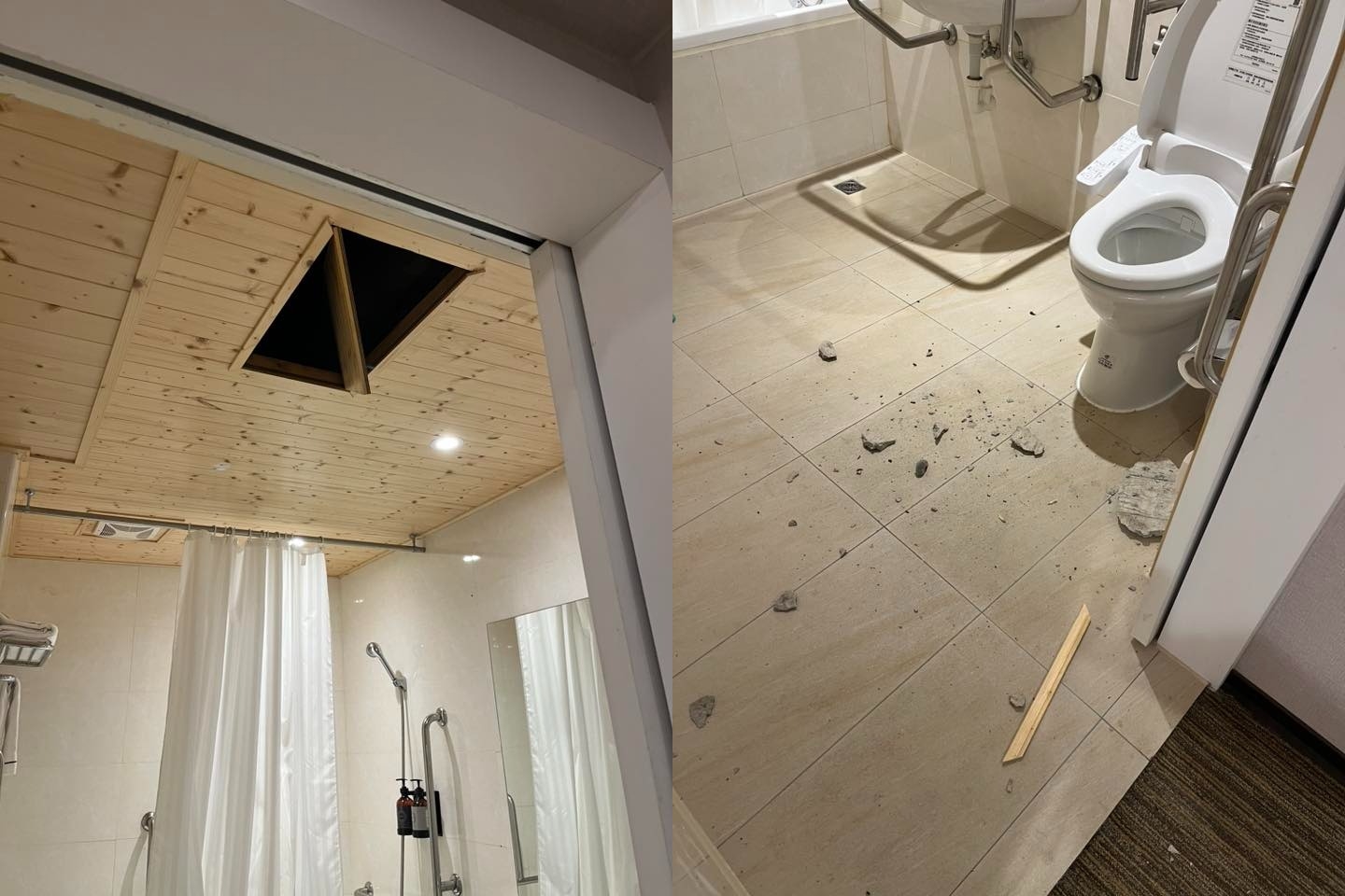 浴室天花板突然掉落石塊，險些砸中人。（翻攝畫面）