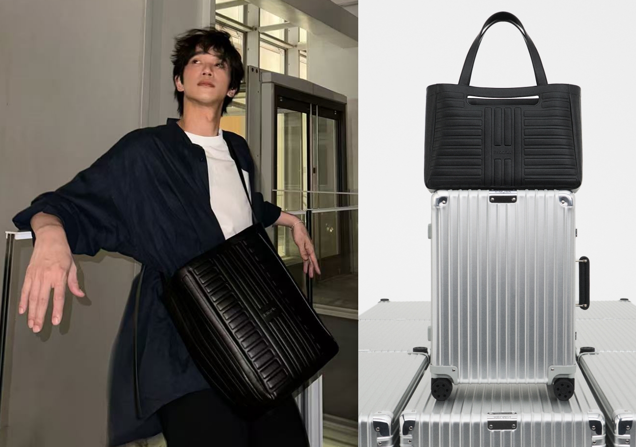 劉以豪身上的是Groove系列Sliding Hobo Bag黑色單肩包，（圖右）能放在行李箱上的Groove系列Shopping Bag托特包。（美之心提供）