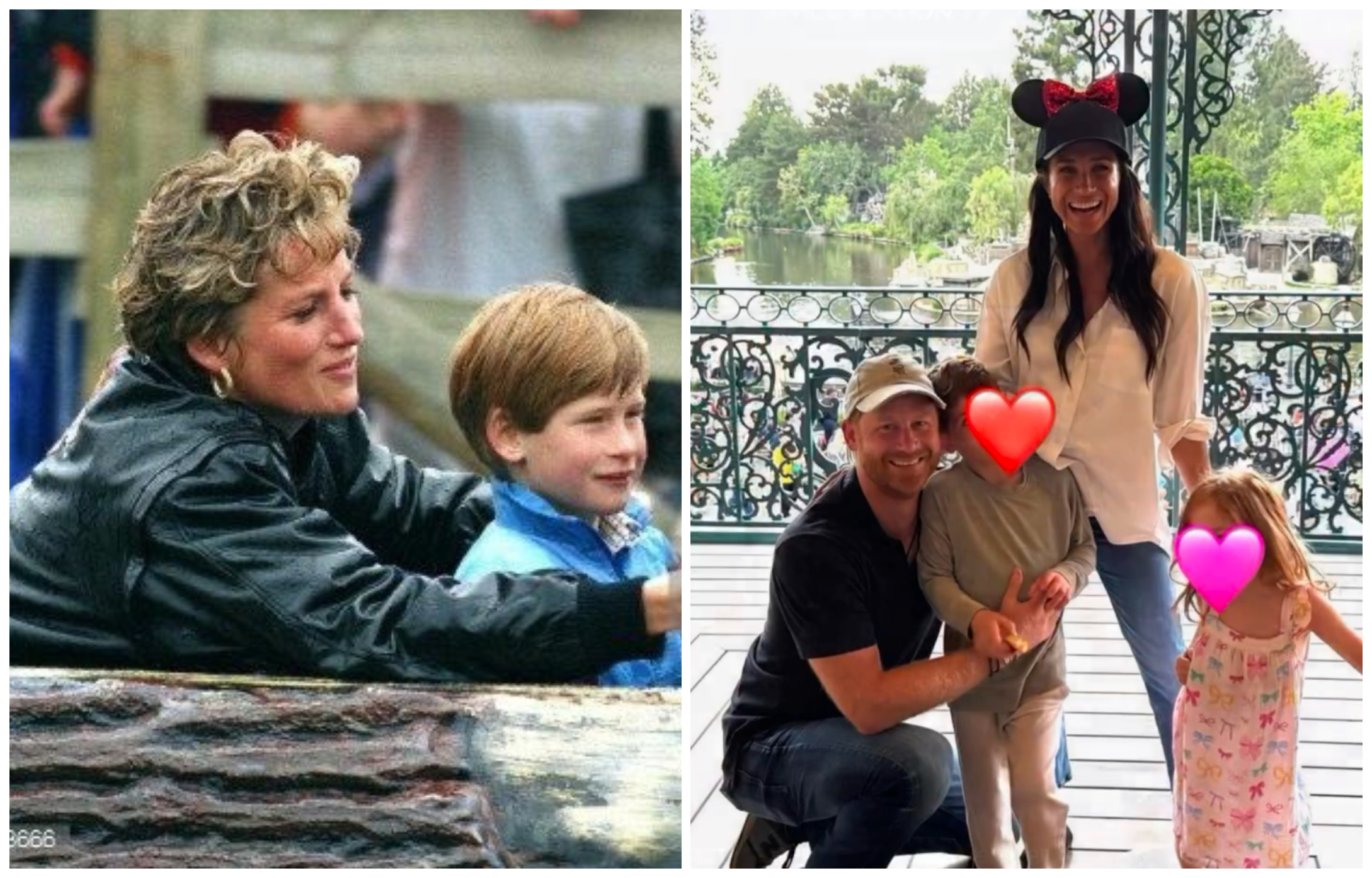 哈利和梅根帶著一雙兒女去迪士尼樂園玩（右圖），讓人聯想到31年前黛妃帶他去迪士尼的回憶（左圖）。（翻攝meghan IG、X@sunrayleo1）