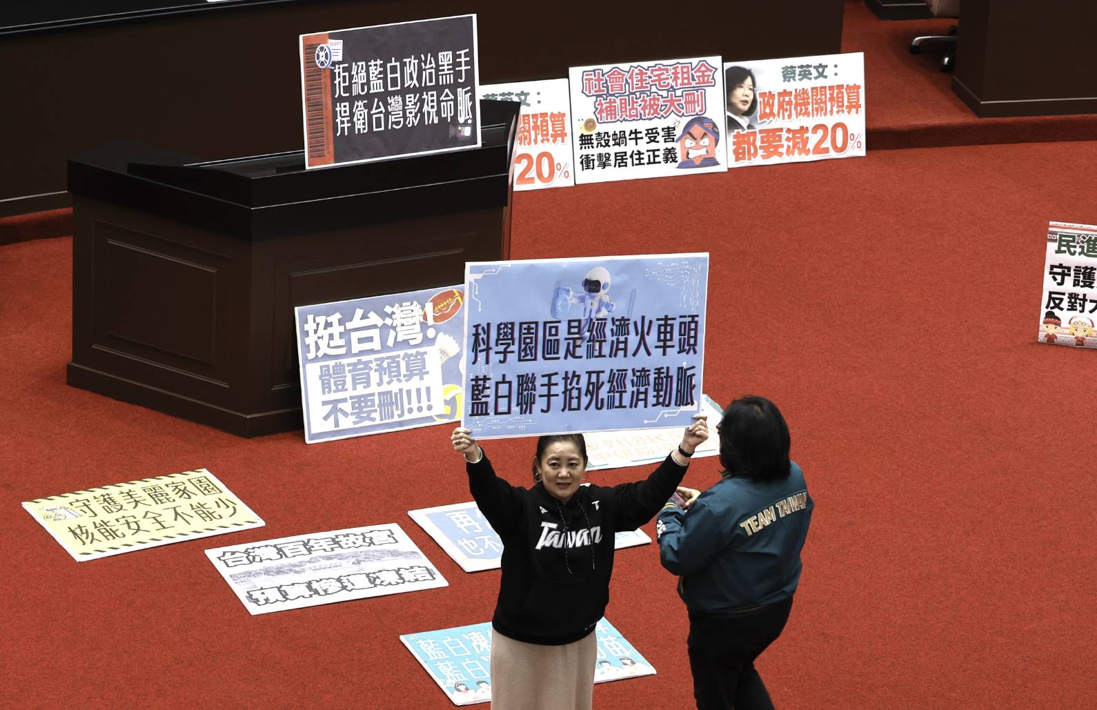 民進黨立委吳思瑤等人不斷舉牌表達反對刪凍預算的提案。