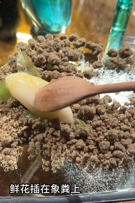 這道名為「鮮花插在香糞上」的甜點是將消毒乾燥後的大象糞便入菜。（翻攝微博）
