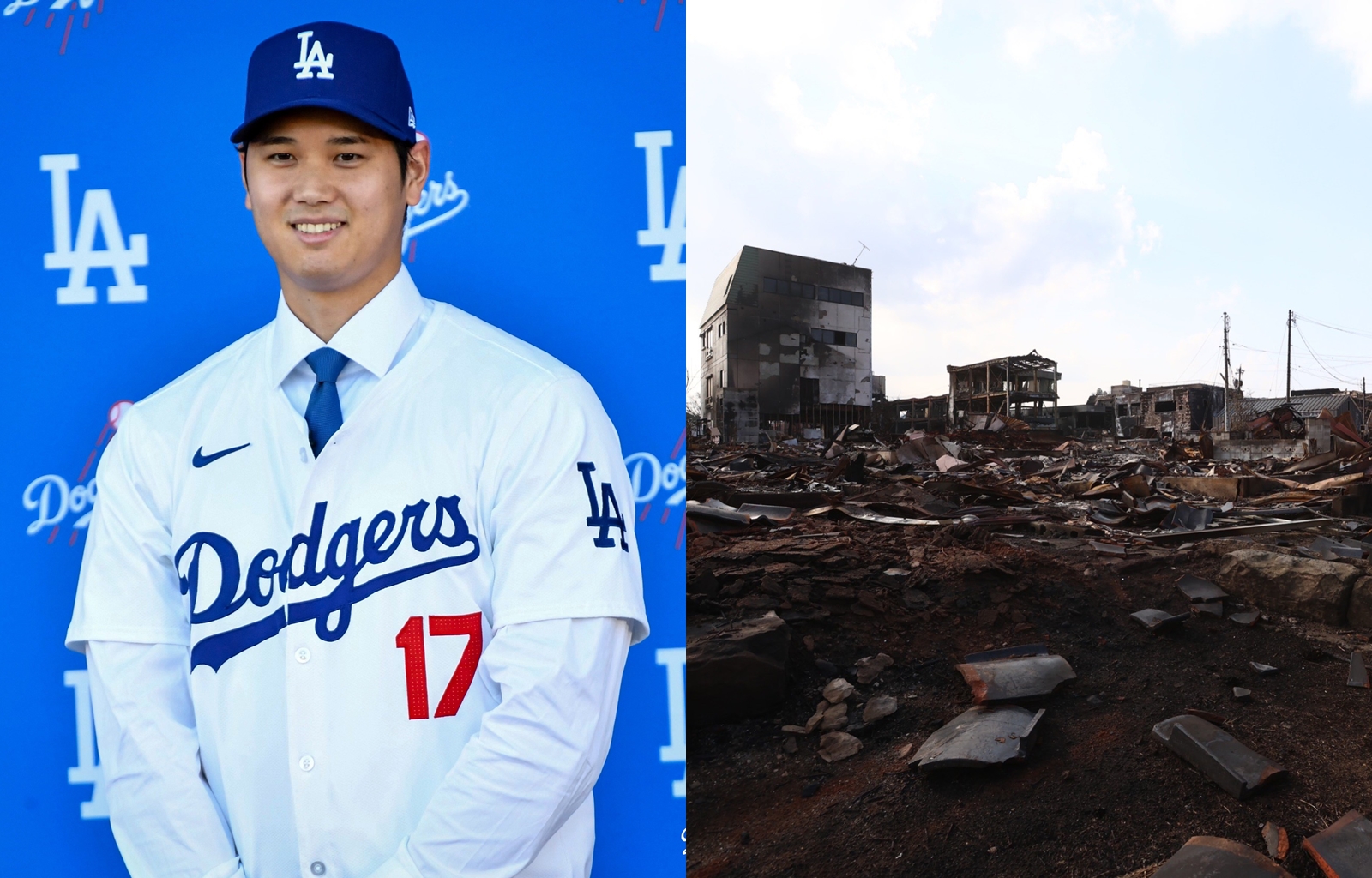 日籍球星大谷翔平與道奇5日宣布，捐款幫助日本災民重建。（翻攝自道奇X社群平台／本刊攝影照片）