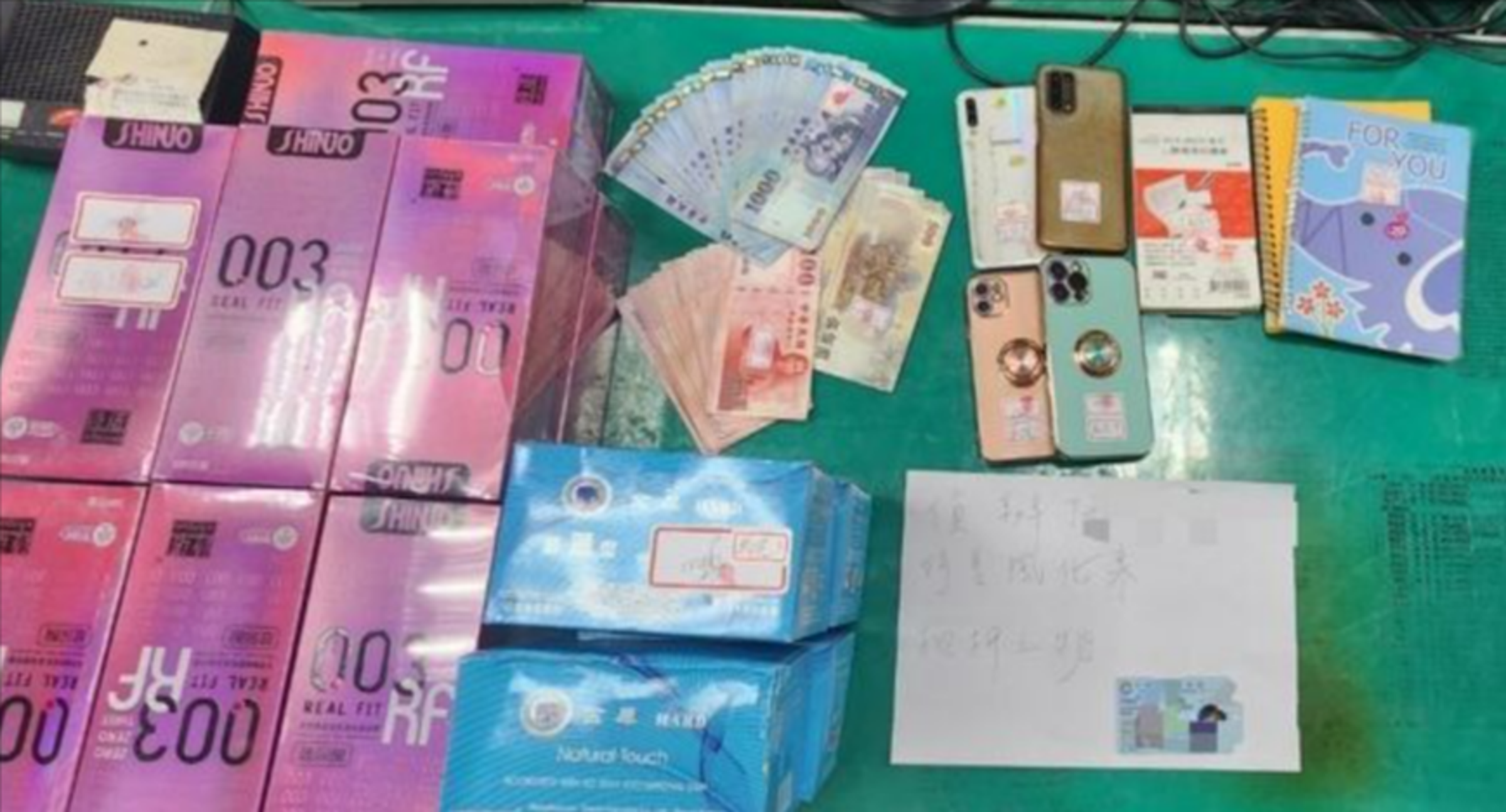 警方直搗應召站跨國應召站,查扣大量保險套及現金、手機。(翻攝畫面)