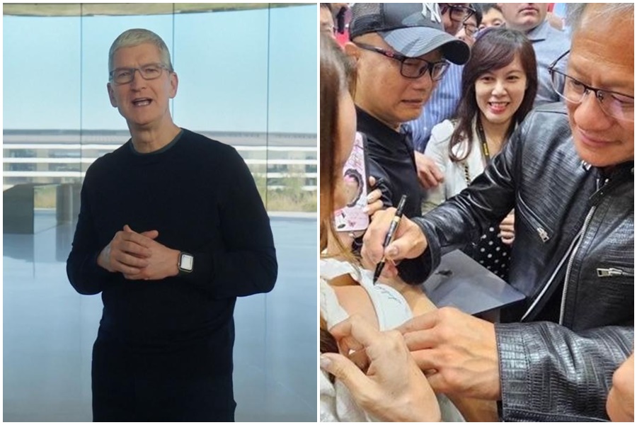 輝達執行長黃仁勳為熱情女粉絲簽名，而蘋果執行長庫克則被美媒虧沒人挺胸而出找他簽名。（翻攝游庭皓的財經皓角、APPLE官方網站）