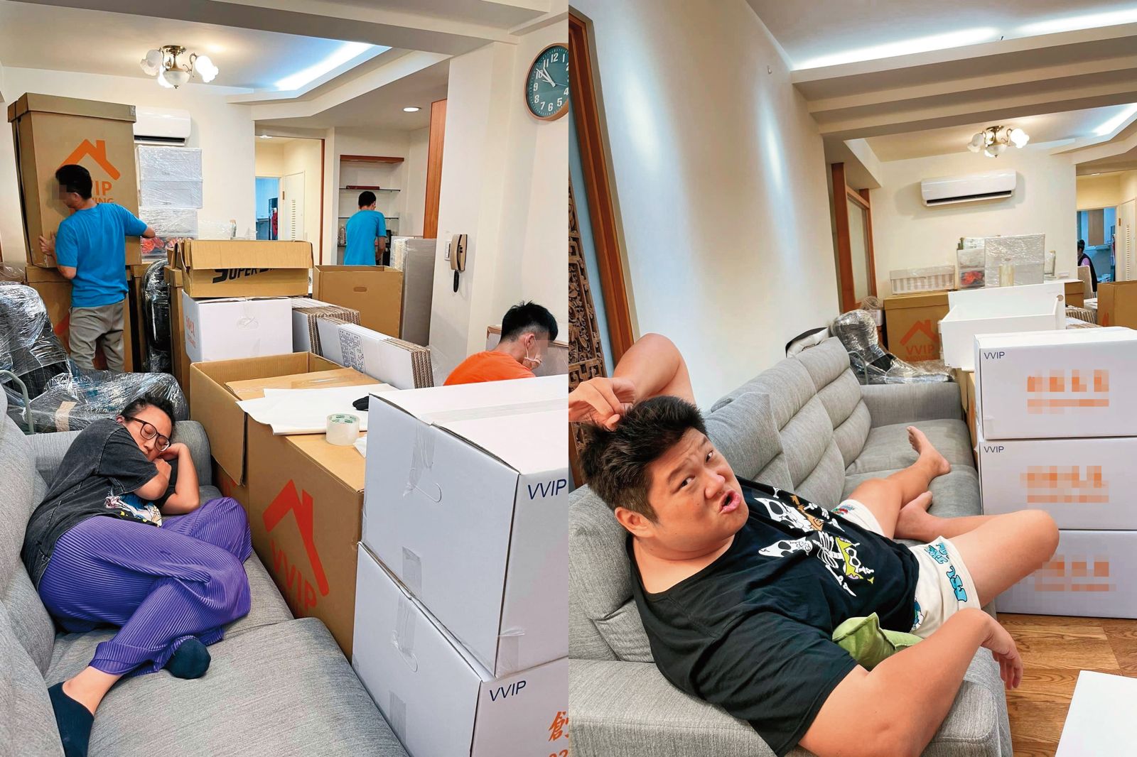 哈孝遠（右圖）、瑄瑄（左圖）夫妻倆搬家時忙打包，累到癱在沙發上休息。（翻攝自小哈&amp;瑄瑄～是在哈劉臉書）