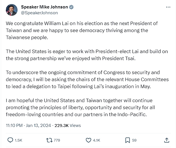 美眾議院議長牆聲恭喜賴清德,並表示將派代表團來台訪問。(翻攝自X)