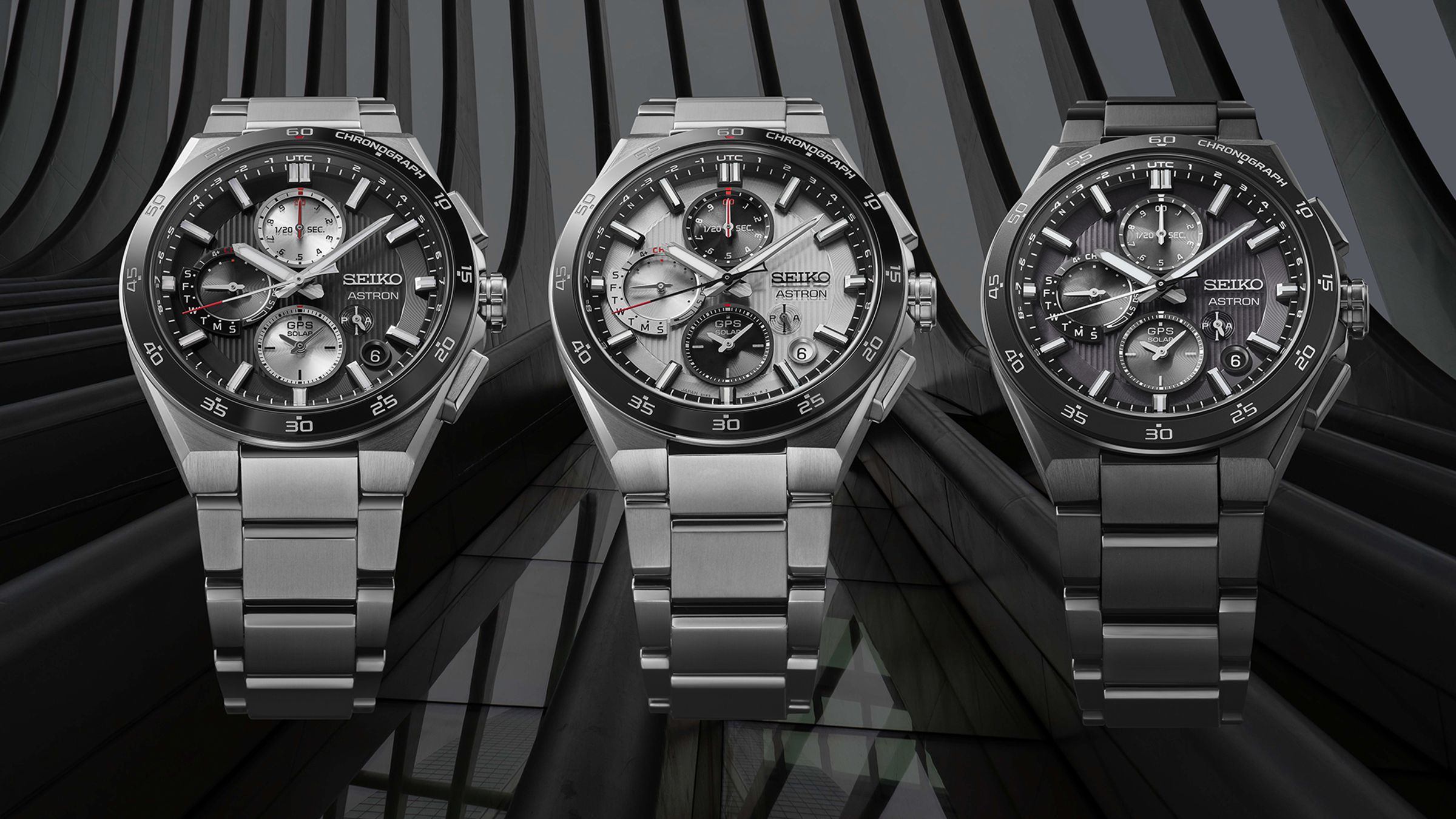 SEIKO Astron GPS Solar 雙時區計時腕錶（由左至右）SSH151J1、SSH153J1，兩款定價皆為NT$92,000，SSH155J1定價NT$99,000。