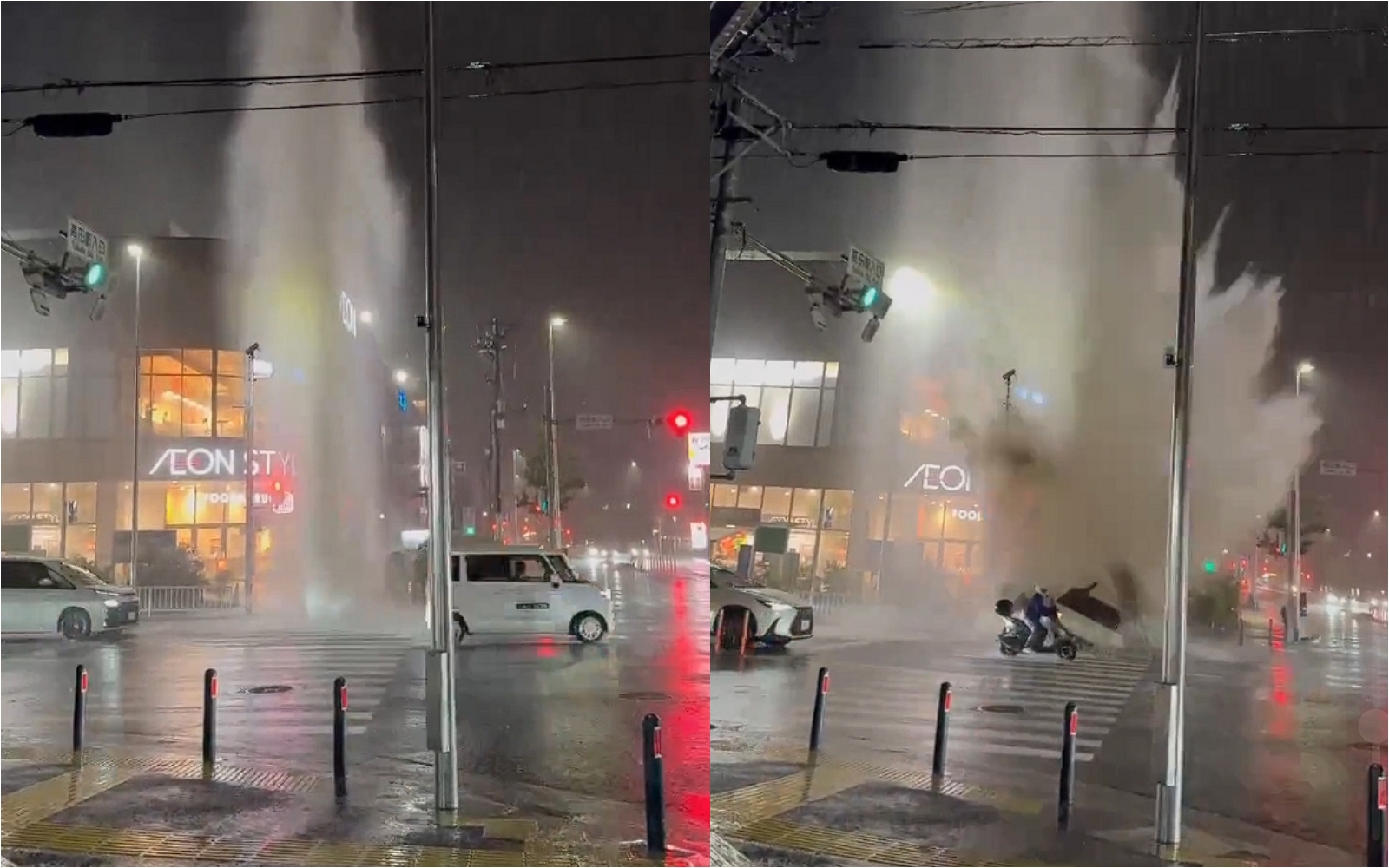 日本關東地區暴雨成災，橫濱一處人孔蓋遭噴飛，柏油路也爆裂傷及路人。（翻攝自X）
