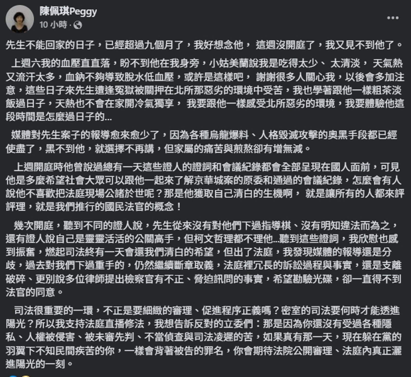 陳佩琪發文再談柯文哲。（翻攝自臉書@陳佩琪）