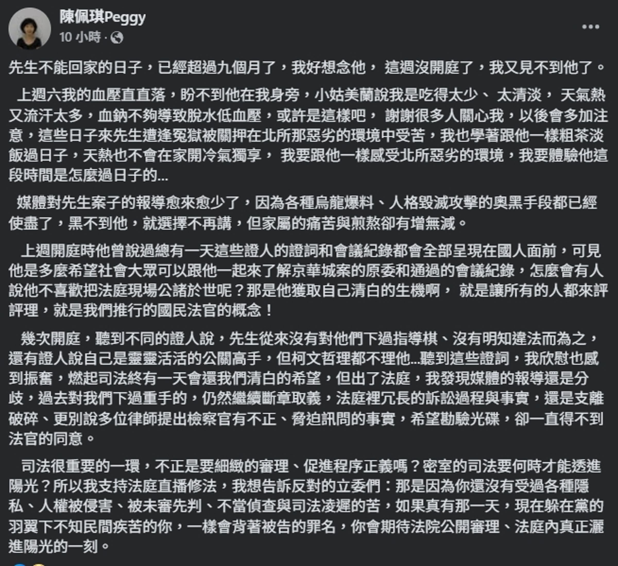 陳佩琪發文再談柯文哲。（翻攝自臉書@陳佩琪）