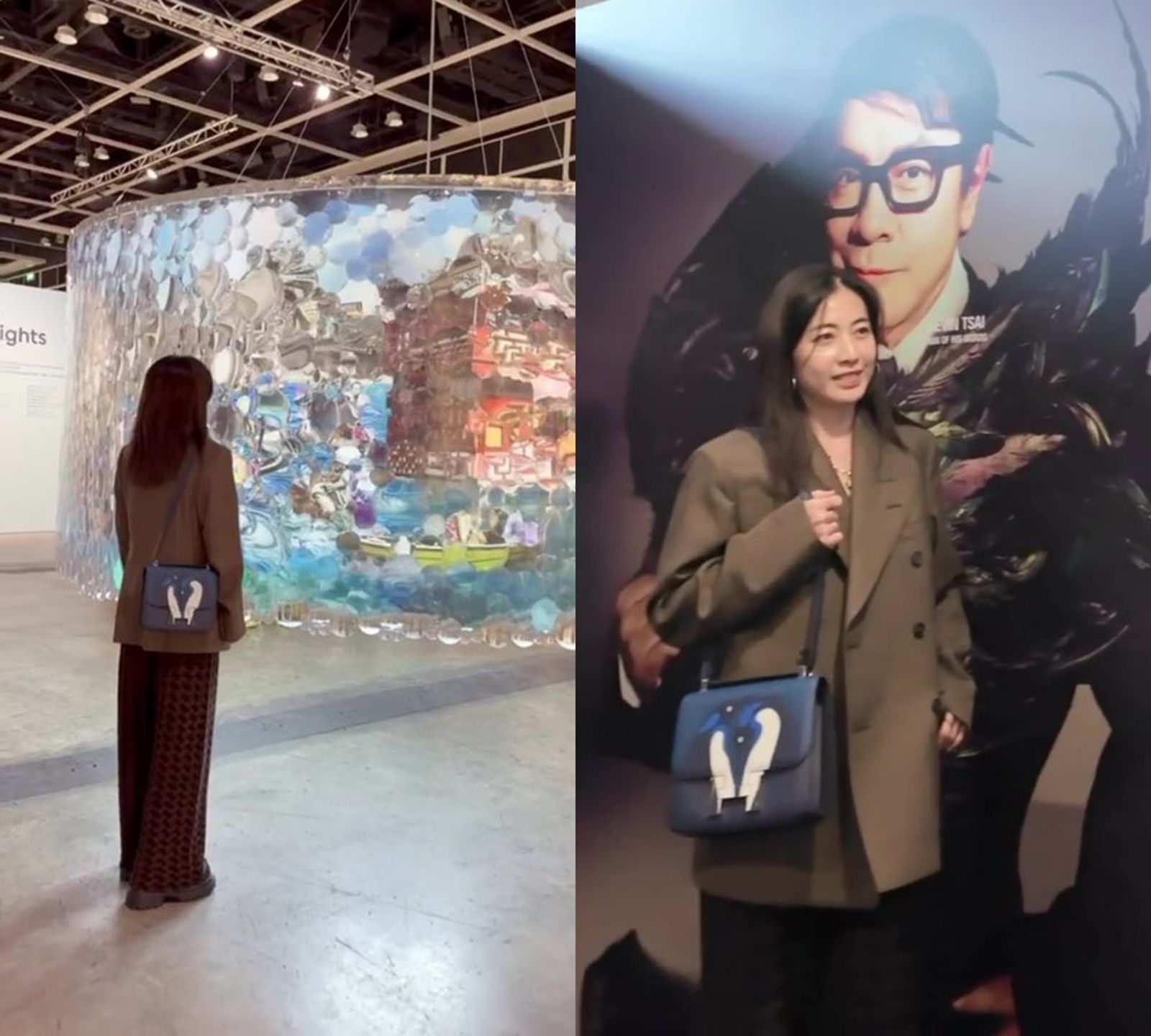 甘比日前現身香港巴塞爾藝術展，背了一顆訂製愛馬仕包，上頭有她喜愛的企鵝圖案。（翻攝小紅書）