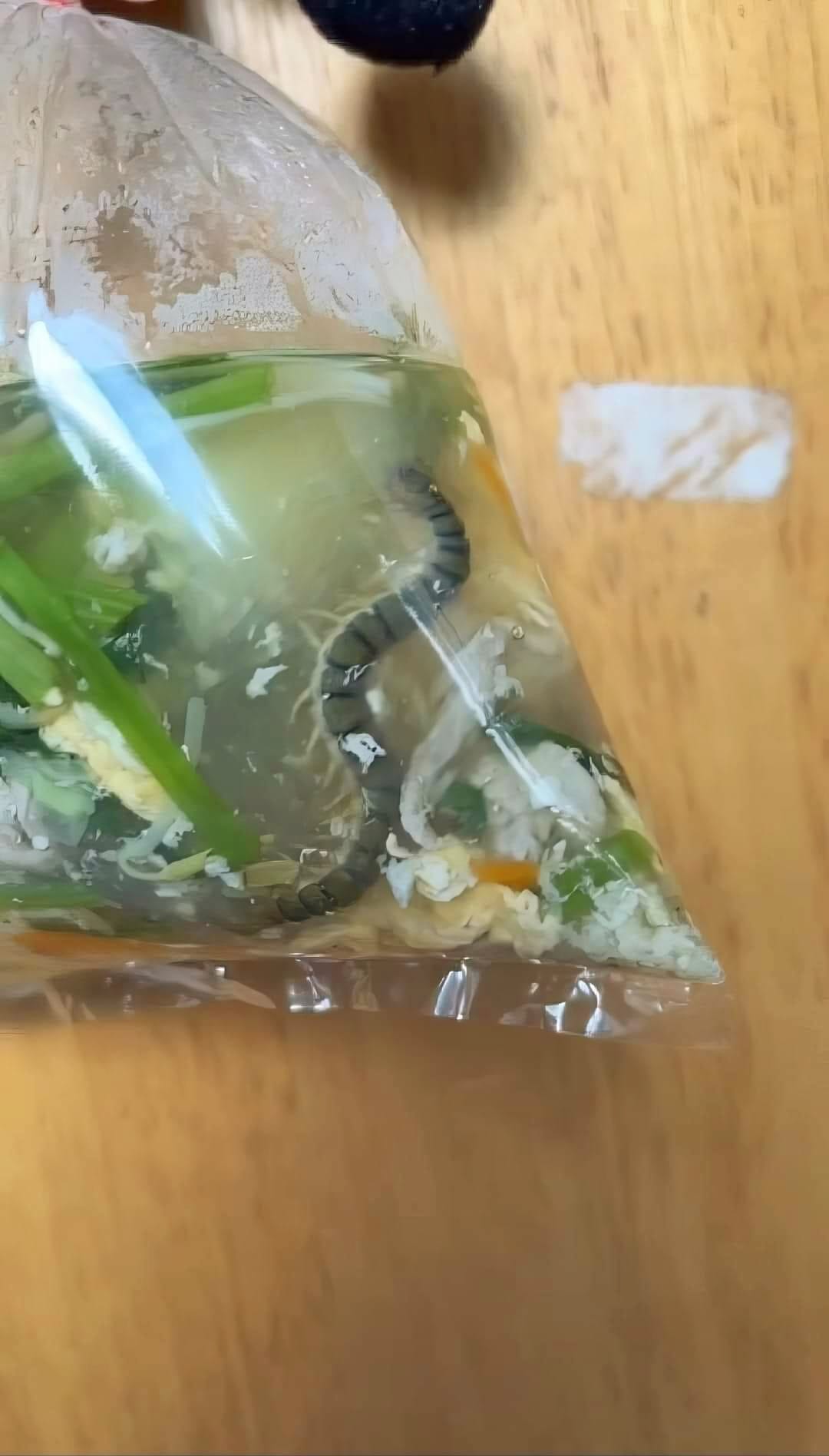 有網友在臉書po出一張蛋花湯外帶照,可見裡面竟然出現一隻完整的蜈蚣。(翻攝自爆廢公社)