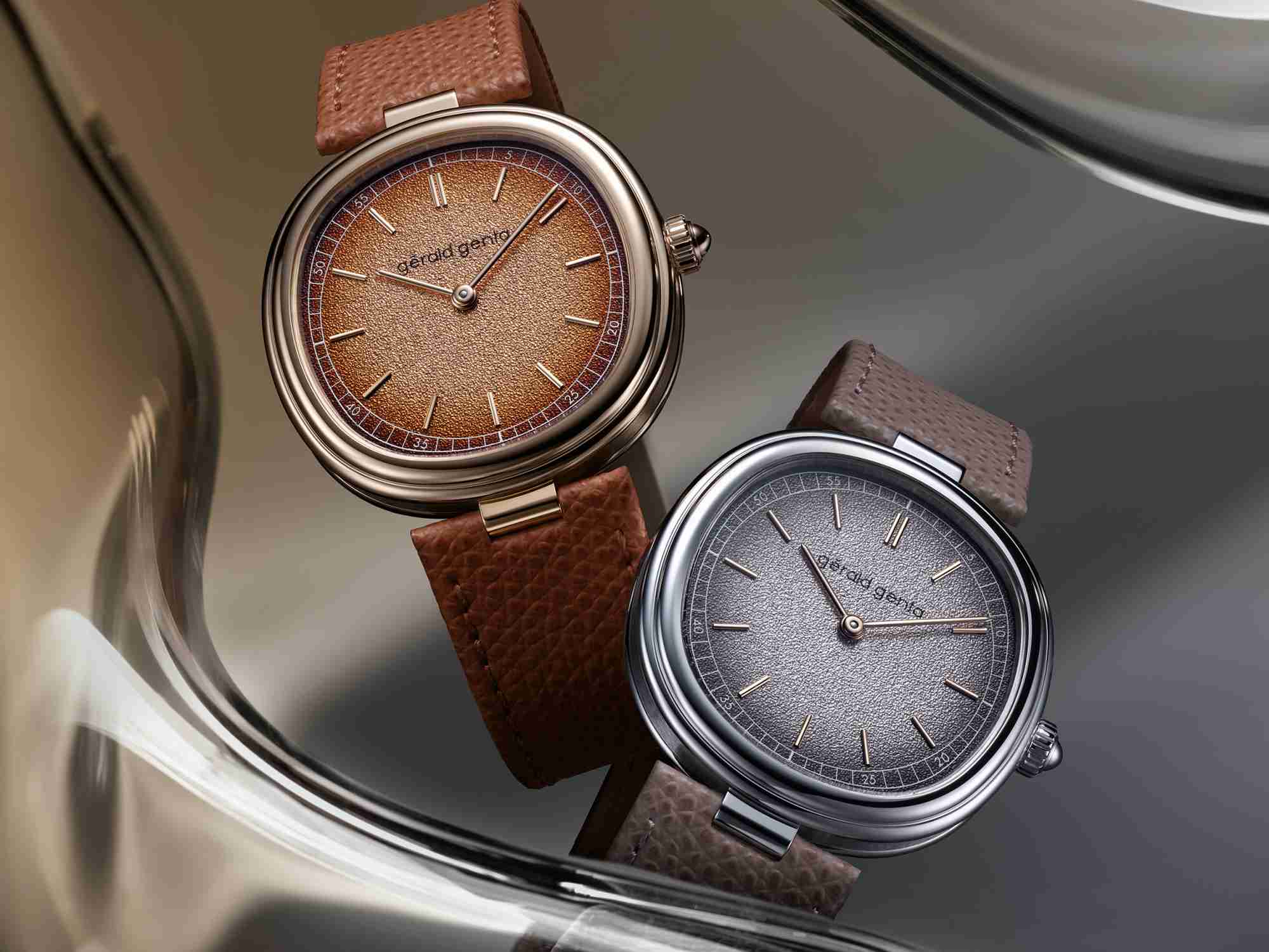 GERALD GENTA Geneva Time Only
此二錶款展現GG於當代復活後的最新演變，旨在保留GG晚期作品的標誌性設計元素，同時佈局上更加簡潔，價格也相對親民，適合日常佩戴。錶徑38毫米，提供玫瑰金和白金兩種材質選擇。
功能：時、分指示；
機芯：自動上鏈機芯；
定價：25,000瑞士法郎。
