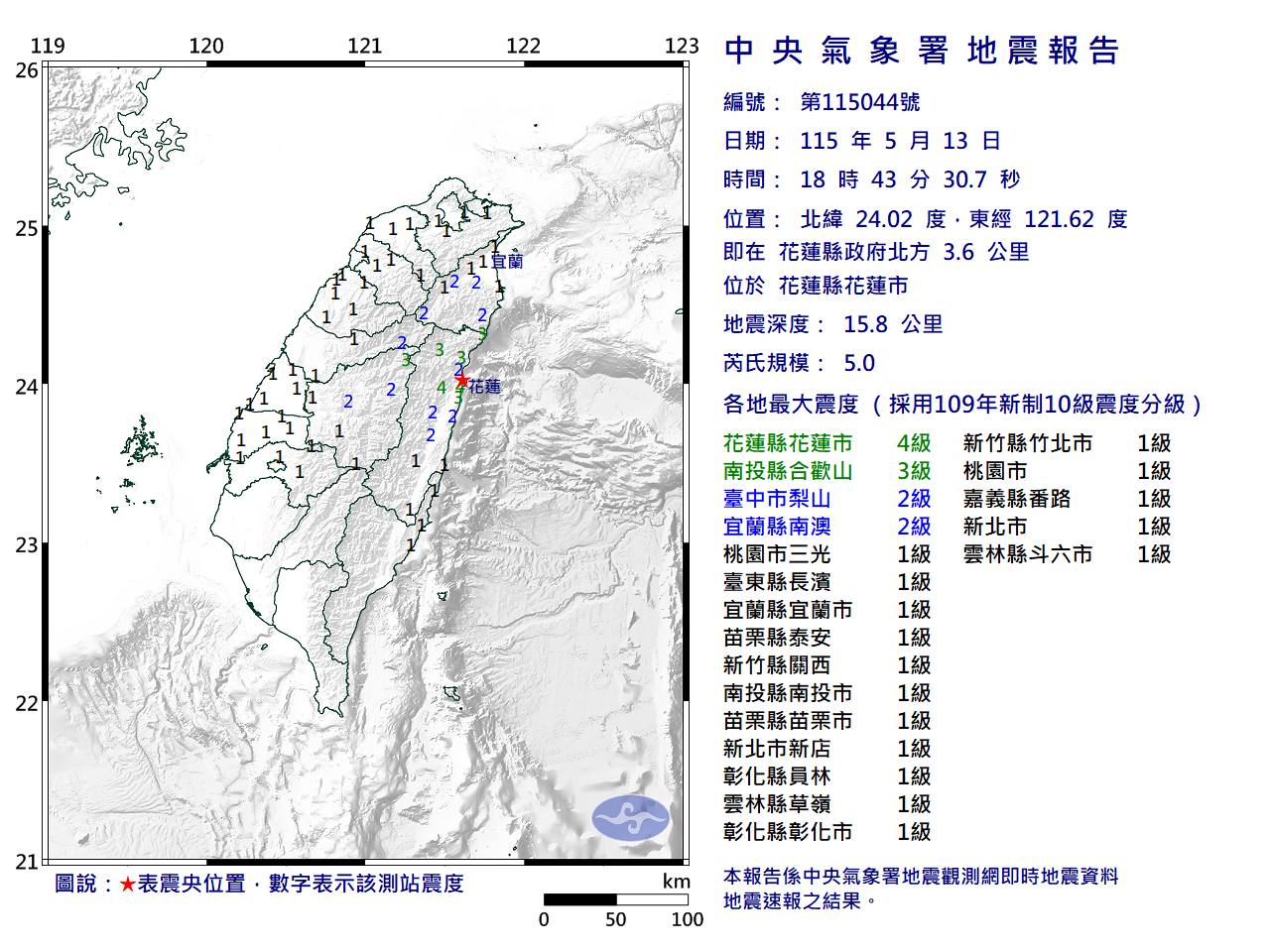 快訊／國家級警報大響！花蓮18:43規模5.0極淺層地震　最大震度4級