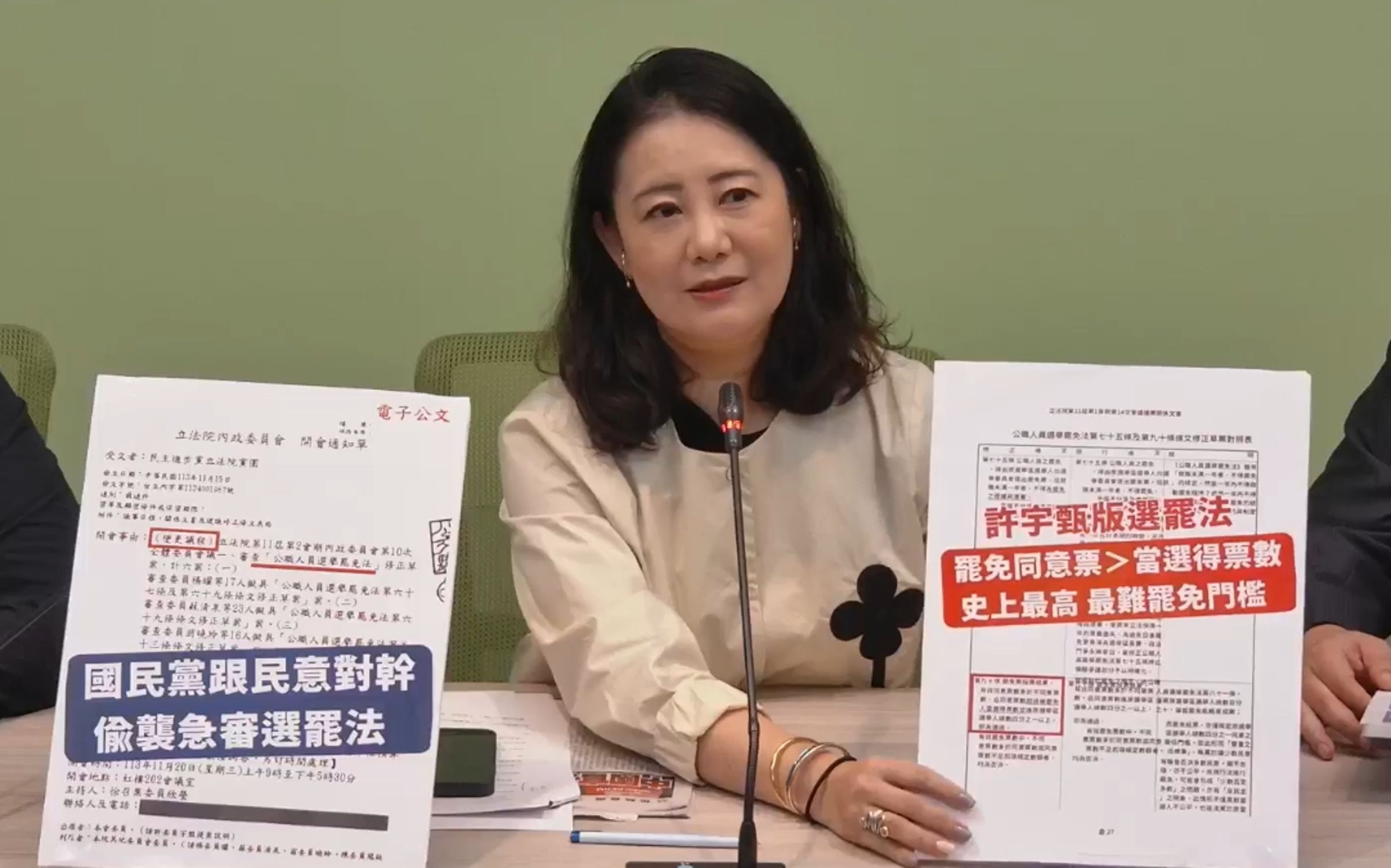 吳思瑤表示,許宇甄的修法版本恐將成為史上最難、最高的罷免門檻,呼籲國民黨懸崖勒馬。(翻攝自民進黨團直播)