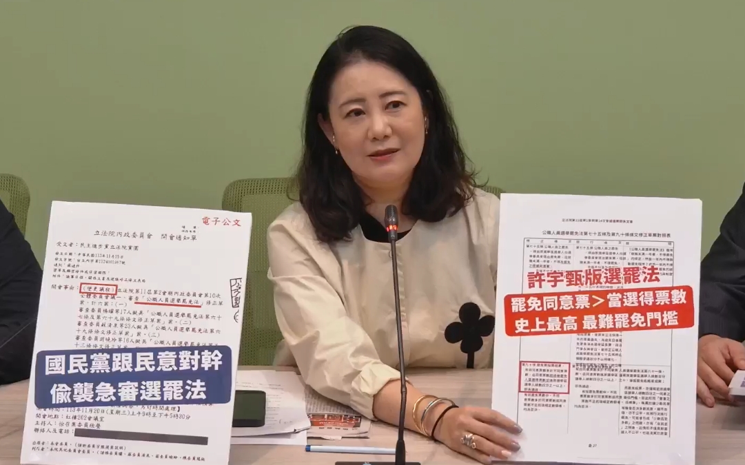 吳思瑤表示，許宇甄的修法版本恐將成為史上最難、最高的罷免門檻，呼籲國民黨懸崖勒馬。（翻攝自民進黨團直播）