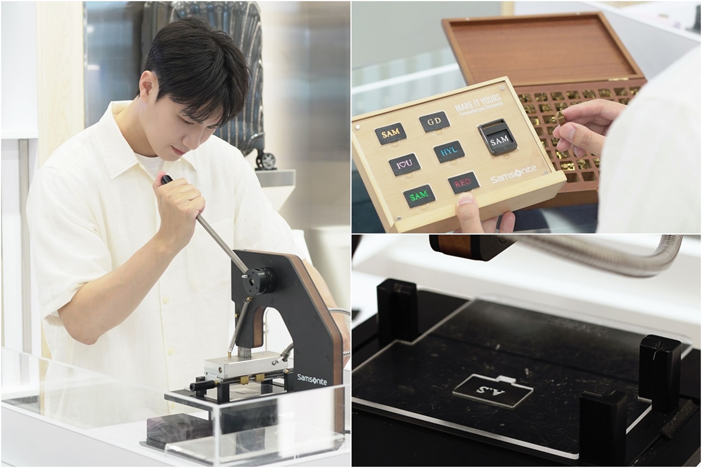 Samsonite LaLaport南港店提供客製化刻印服務,旅人可將姓名縮寫或專屬文字刻印於指定商品上,打造獨一無二的旅行裝備。(截取自IG/alan_song_)