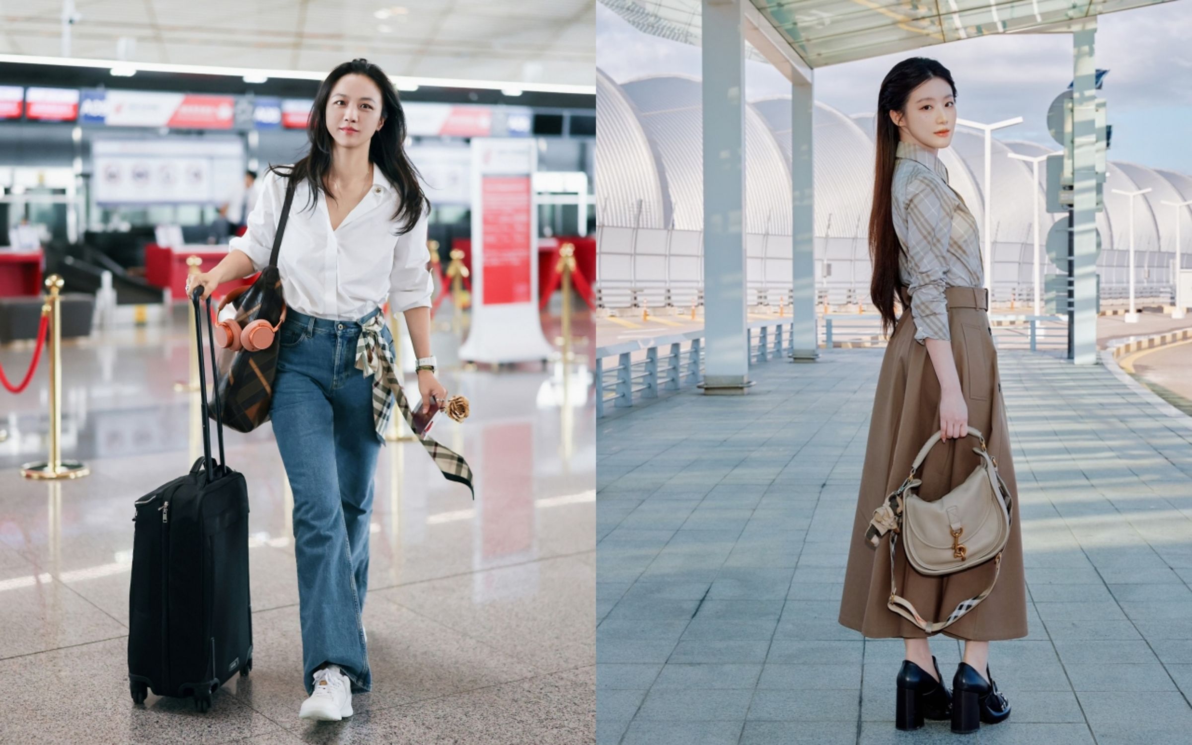 (左起)湯唯、舒華啟程出發倫敦時裝週看BURBERRY 2026春夏服裝秀。(BURBERRY提供)