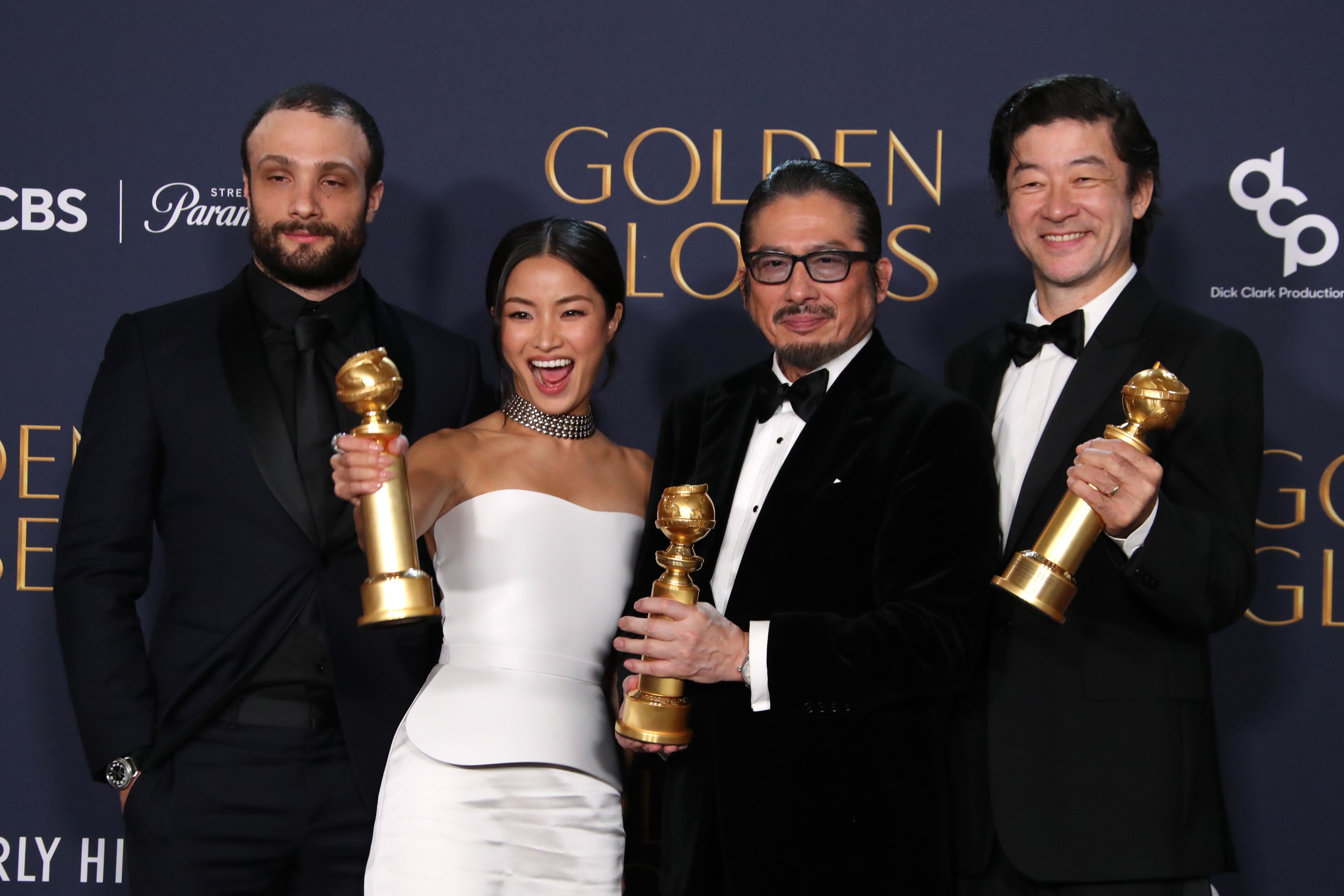  《幕府將軍》的演員柯斯莫賈維斯（左起）、澤井杏奈、真田廣之、淺野忠信。（東方IC）